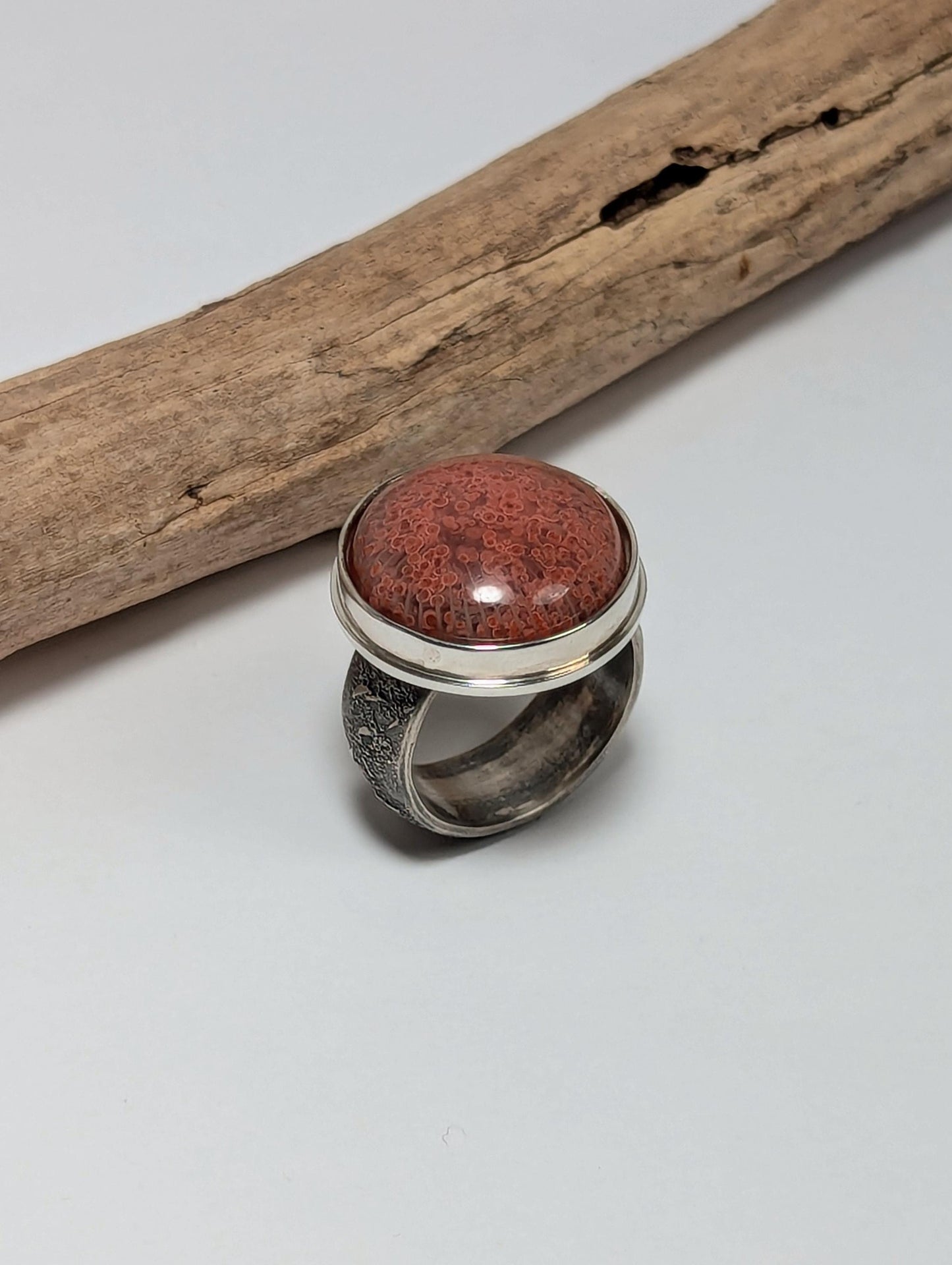 Utah Red Horn Fossil Coral Ring, Sterling Silver