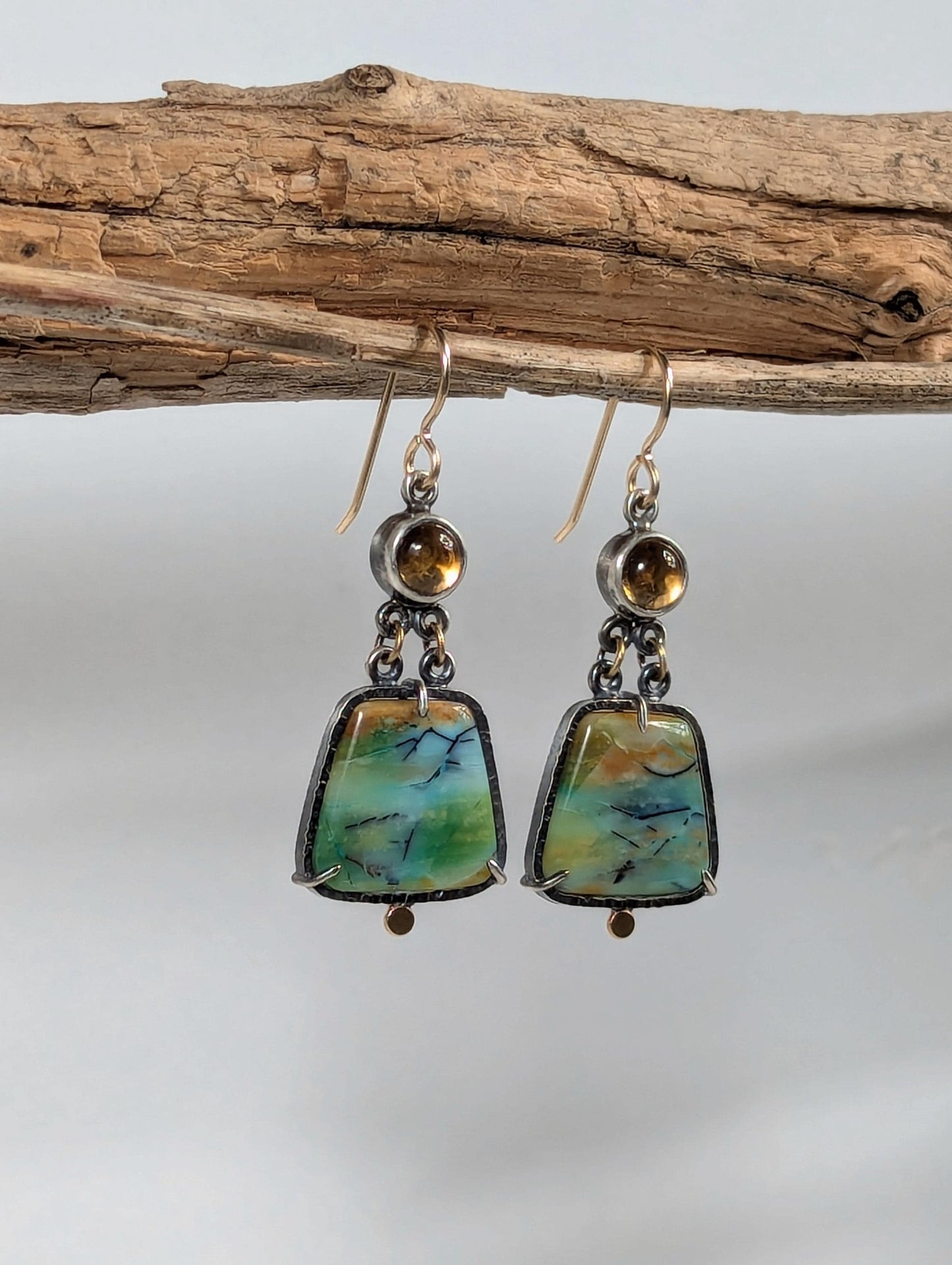 Opalized Wood Earrings, Citrine Earrings, Sterling Silver 18K Gold
