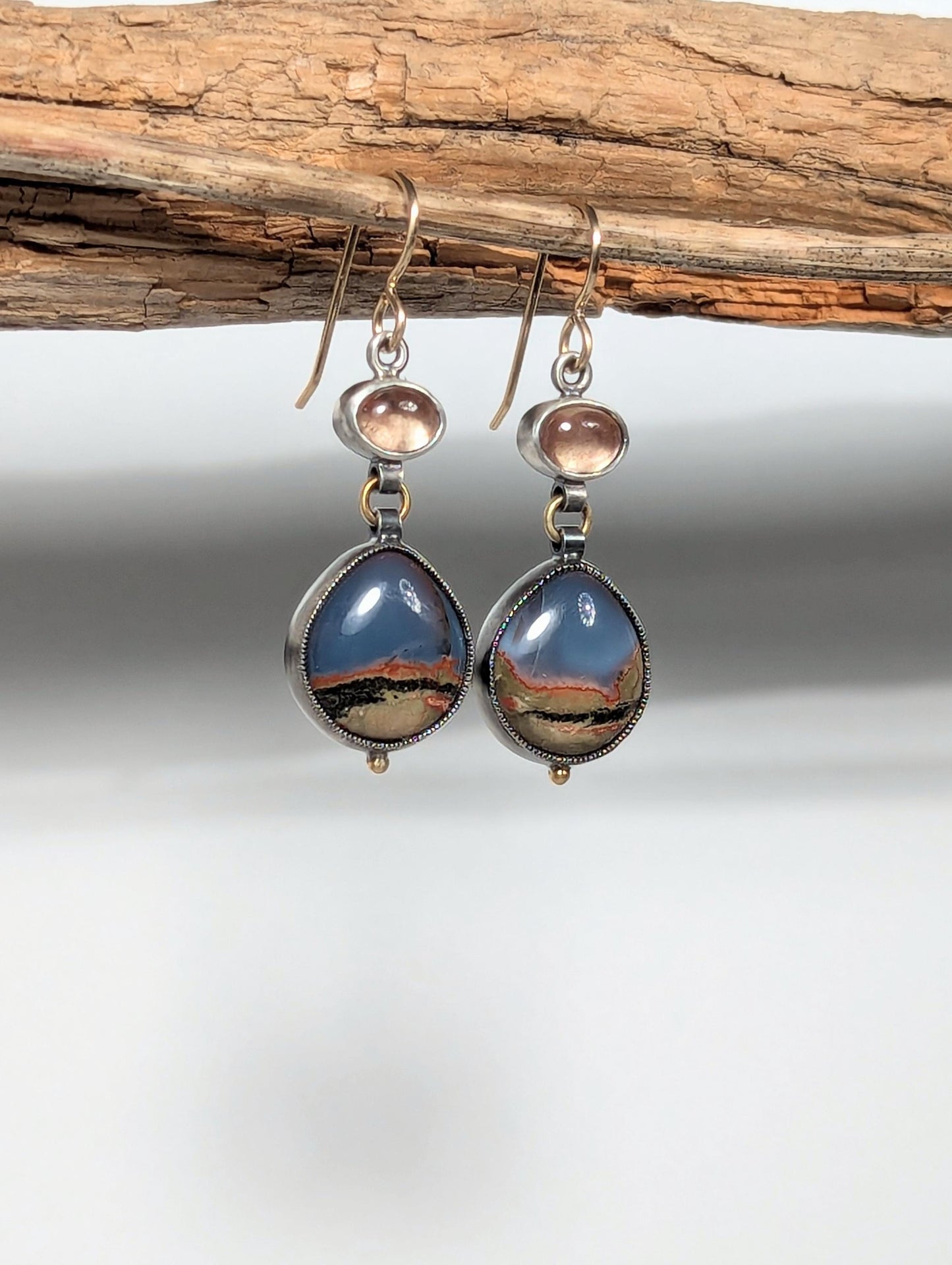 Blue Oregon Opal and Schiller Oregon Sunstone Earrings, Sterling Silver 18K Gold