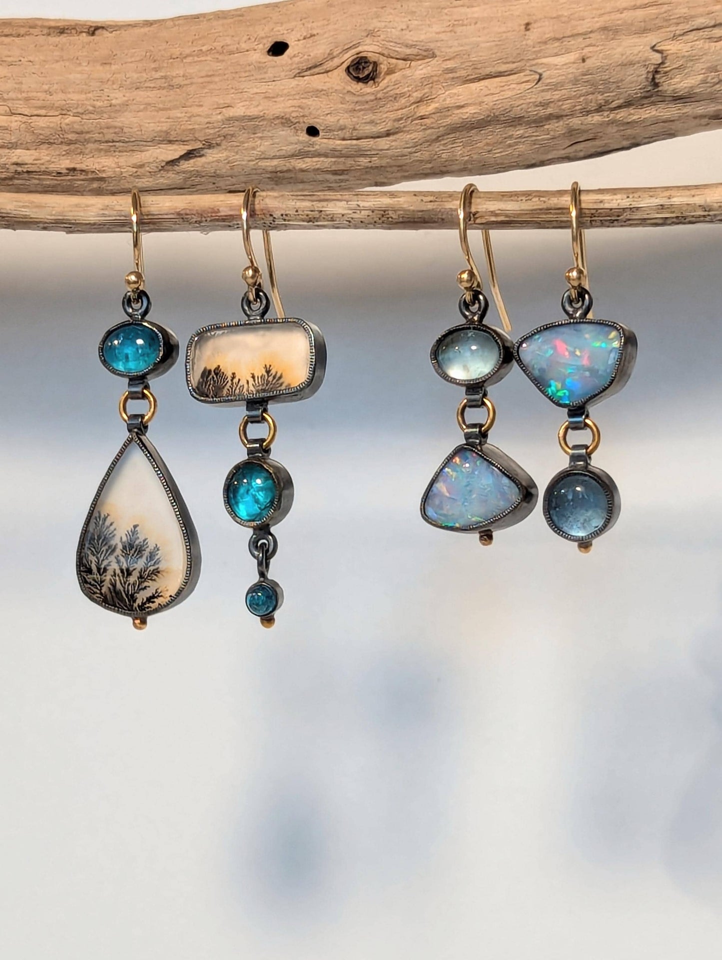 Dendritic Agate Earrings, Apatite Earrings, Sterling Silver, 18K Gold