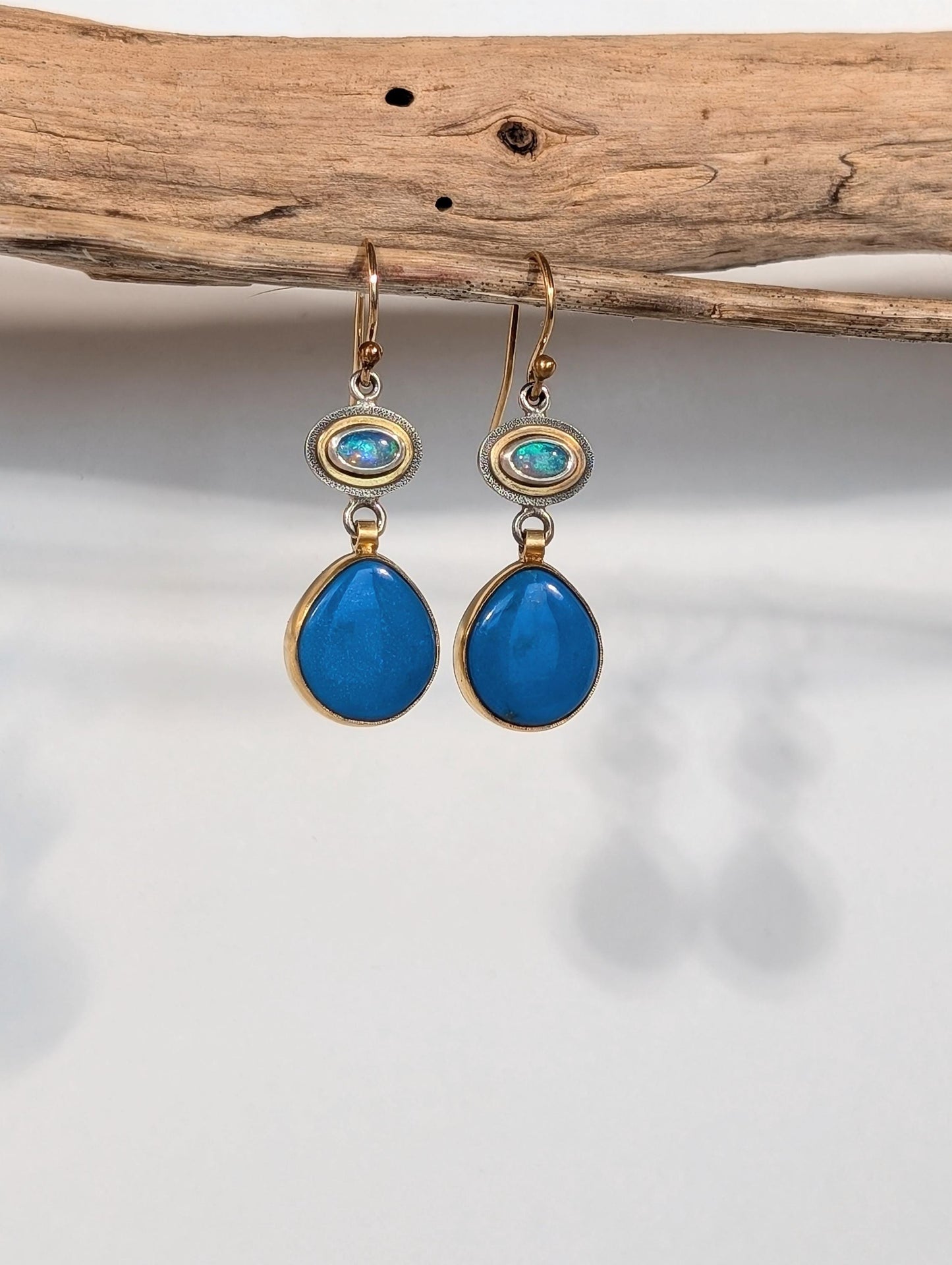 Ceruleite Earrings, Australian Opal Earrings, Sterling Silver, 18K Gold