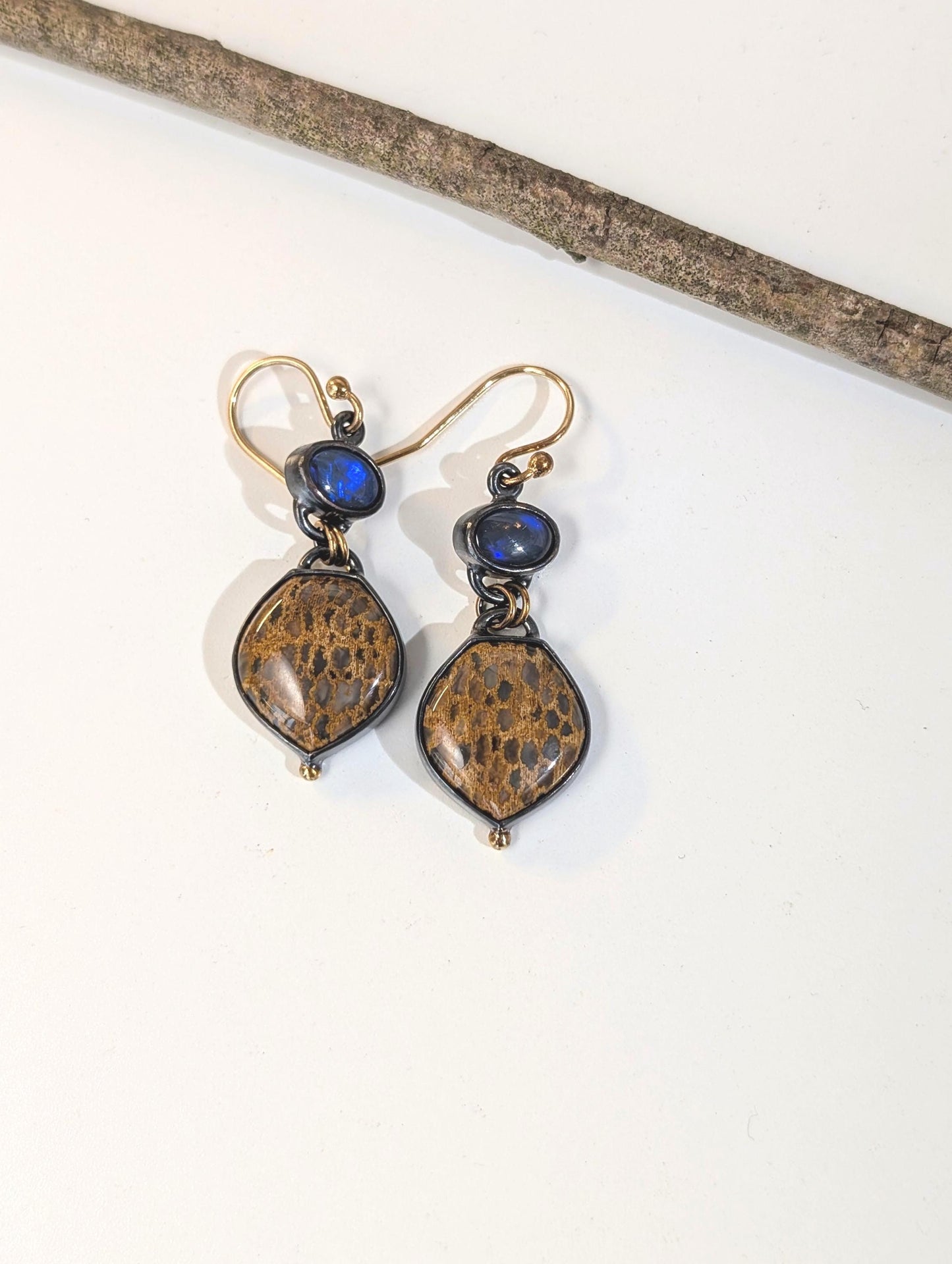 Petrified Palmwood Earrings, Crystal Opal Earrings Oxidized Sterling Silver 18K Gold