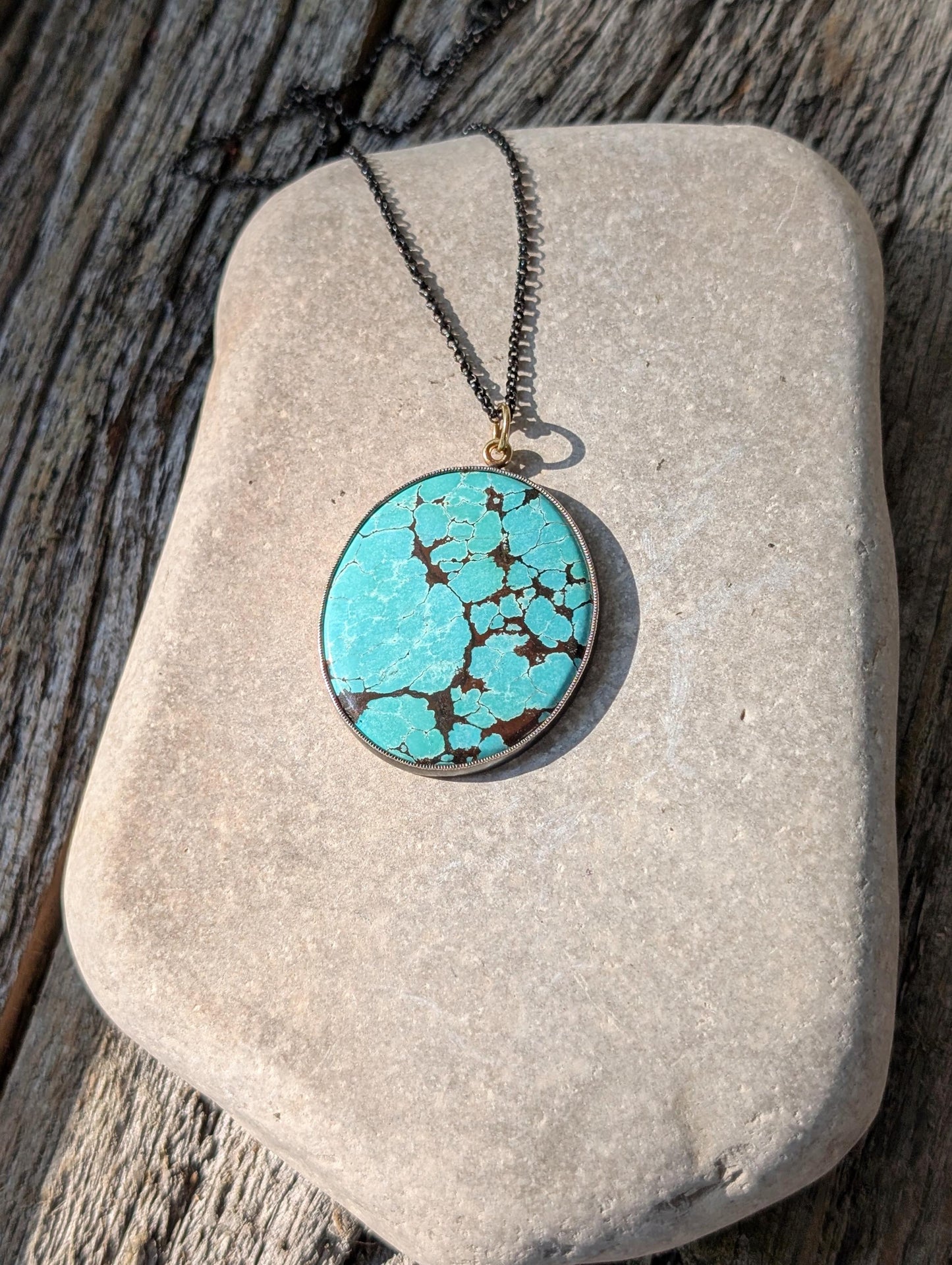 Hubei Turquoise Pendant, Sterling Silver, 18K Gold