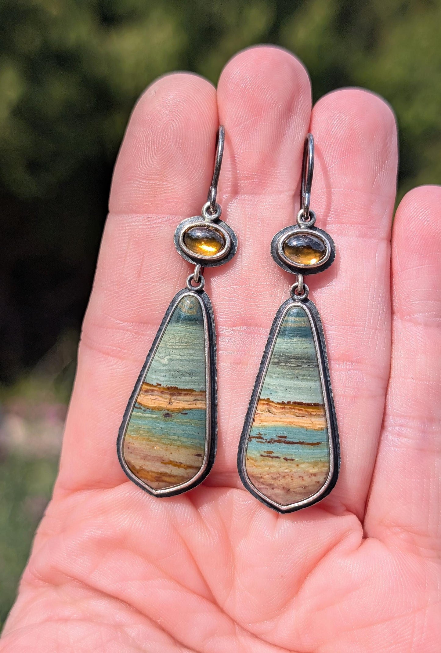 Gary Green Jasper Earrings, Cognac Zircon Earrings, Sterling Silver