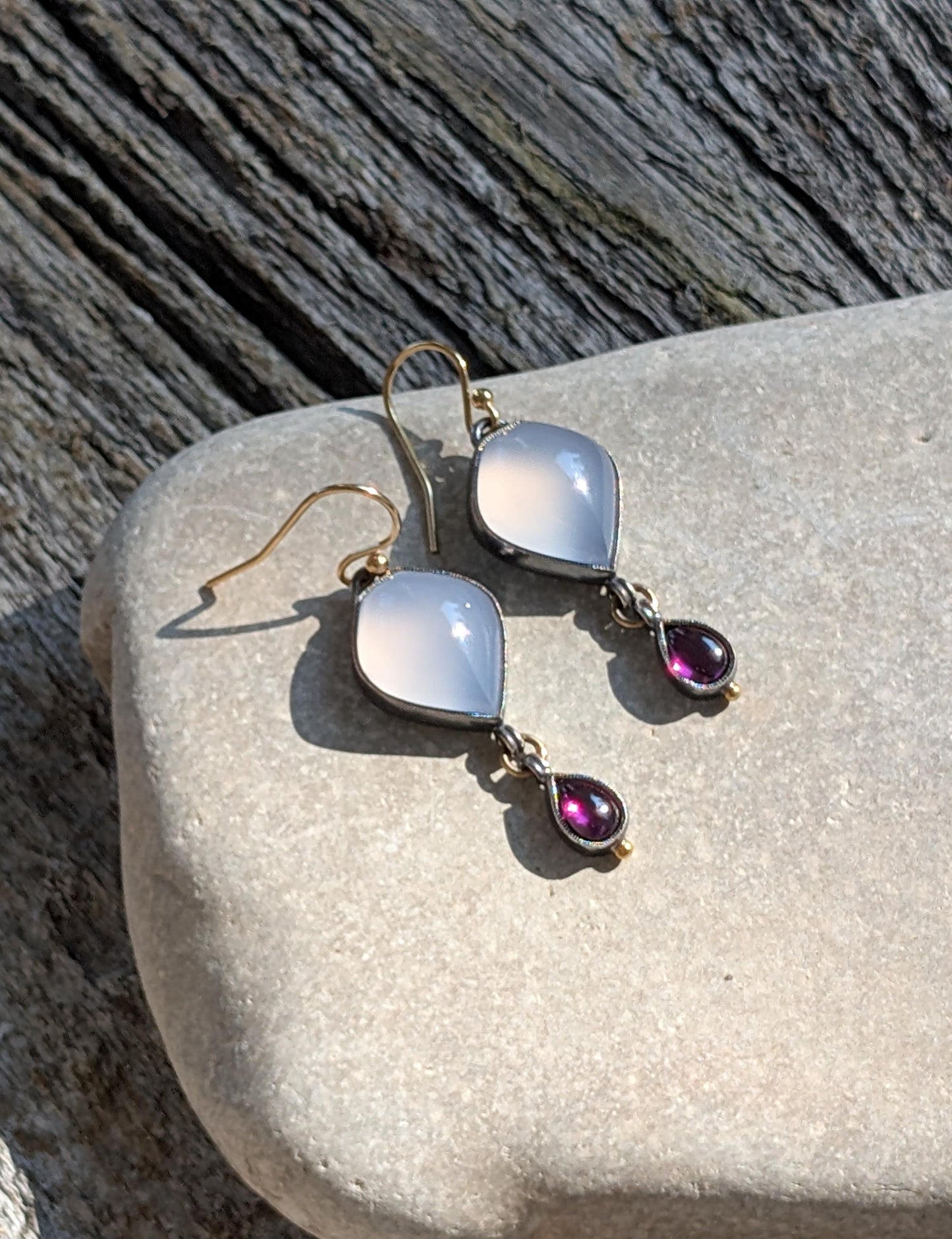 Abyssinian Blue Chalcedony Earrings, Purple Rhodolite Garnet Earrings, Sterling Silver, 18K Gold