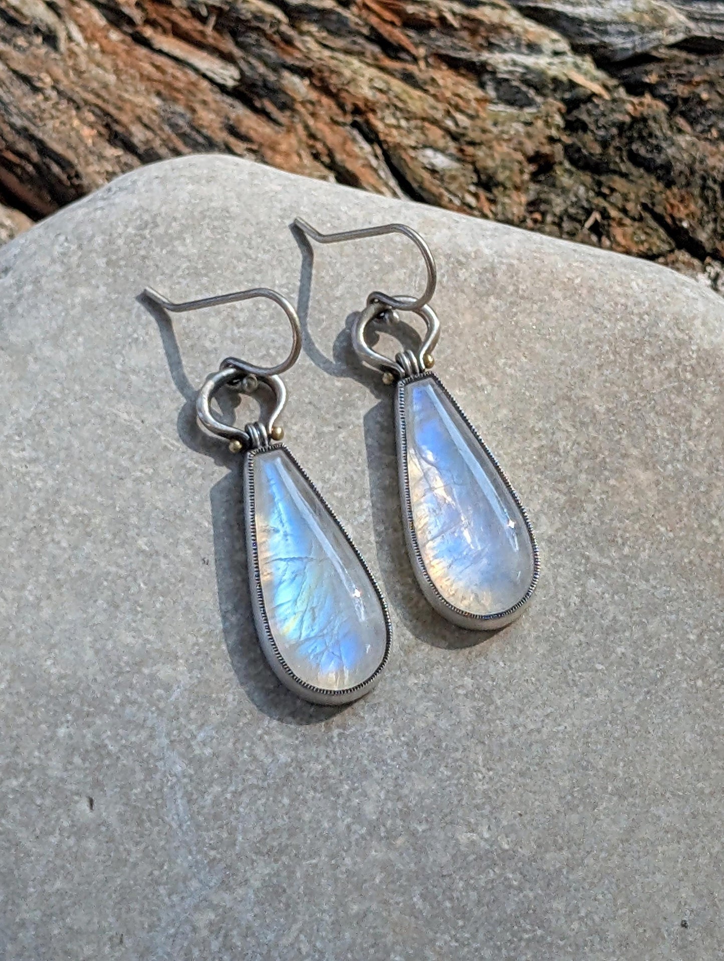 Rainbow Moonstone Earrings, Sterling Silver, 18K Gold
