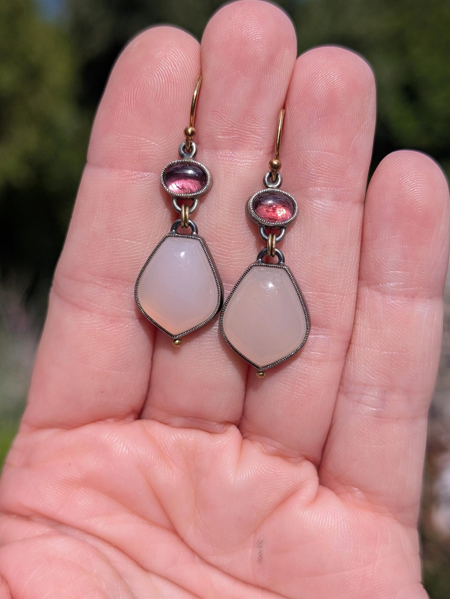 Pink Chalcedony and Pink Tourmaline Earrings, Sterling Silver, 18K Gold