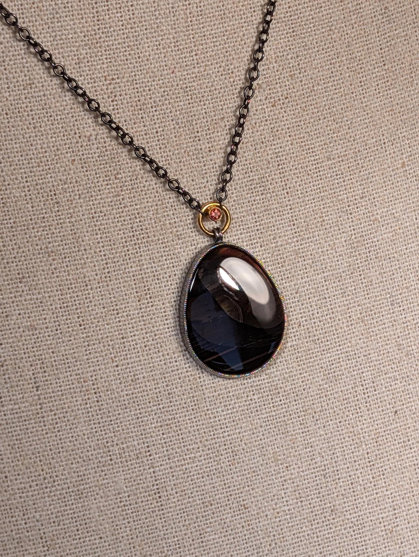 Oregon Fire Obsidian and Oregon Sunstone Pendant, Sterlng Silver and 18K Gold