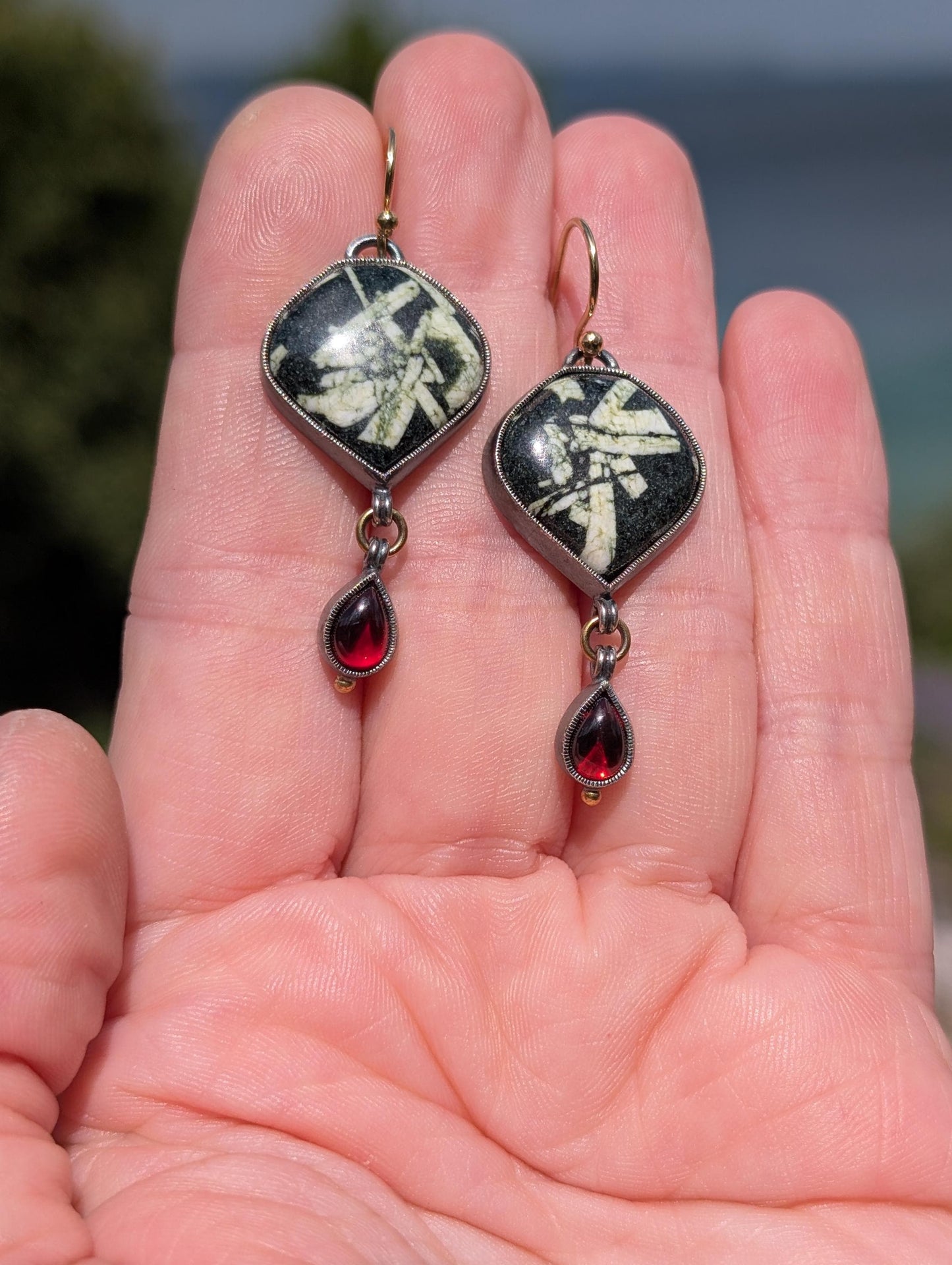 Chinese Writing Stone Earrings, Garnet Earrings, Sterling Silver, 18K Gold