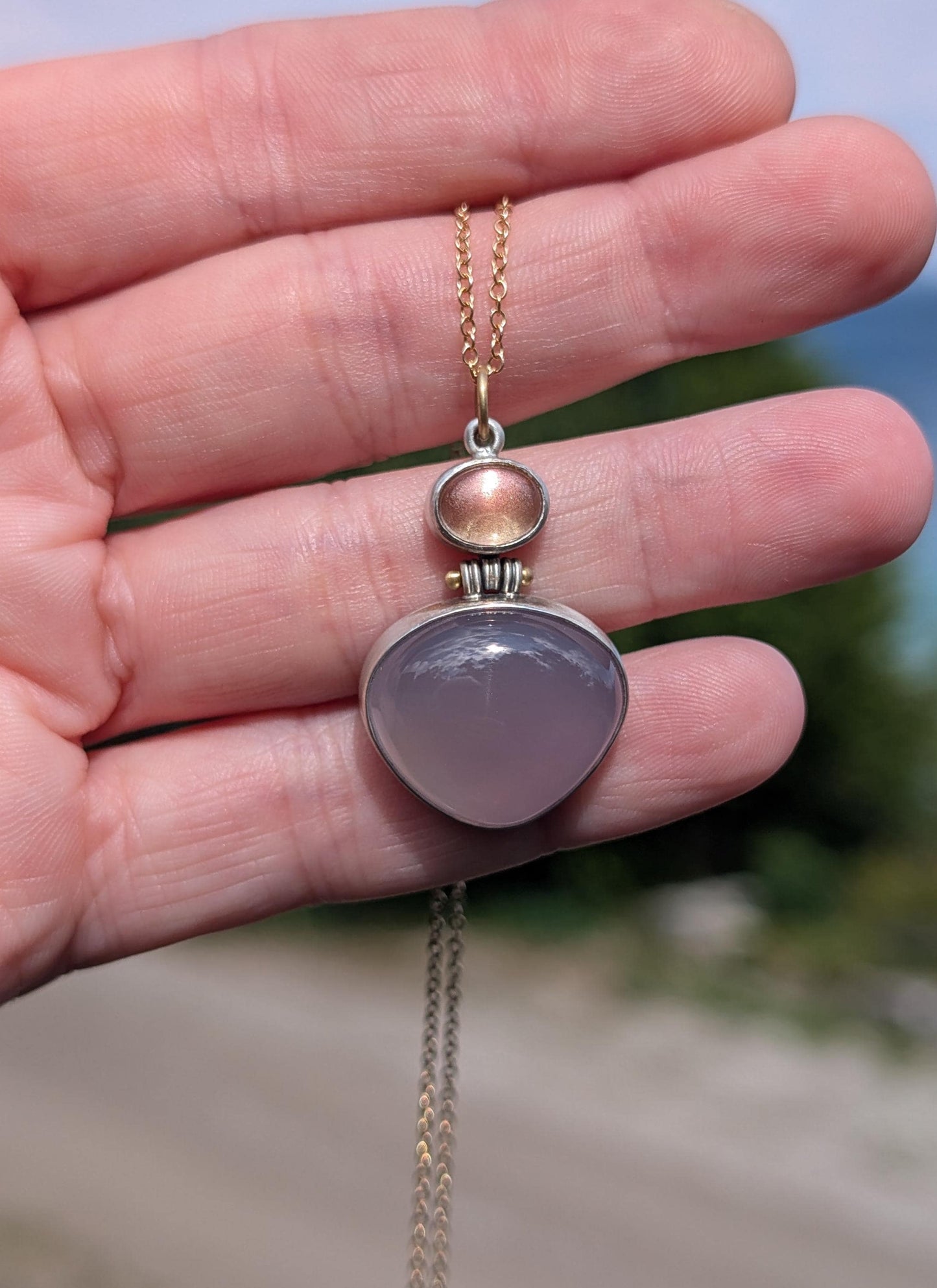 Purple Chalcedony Pendant, Oregon Sunstone Pendant, Sterling Silver, 18K Gold