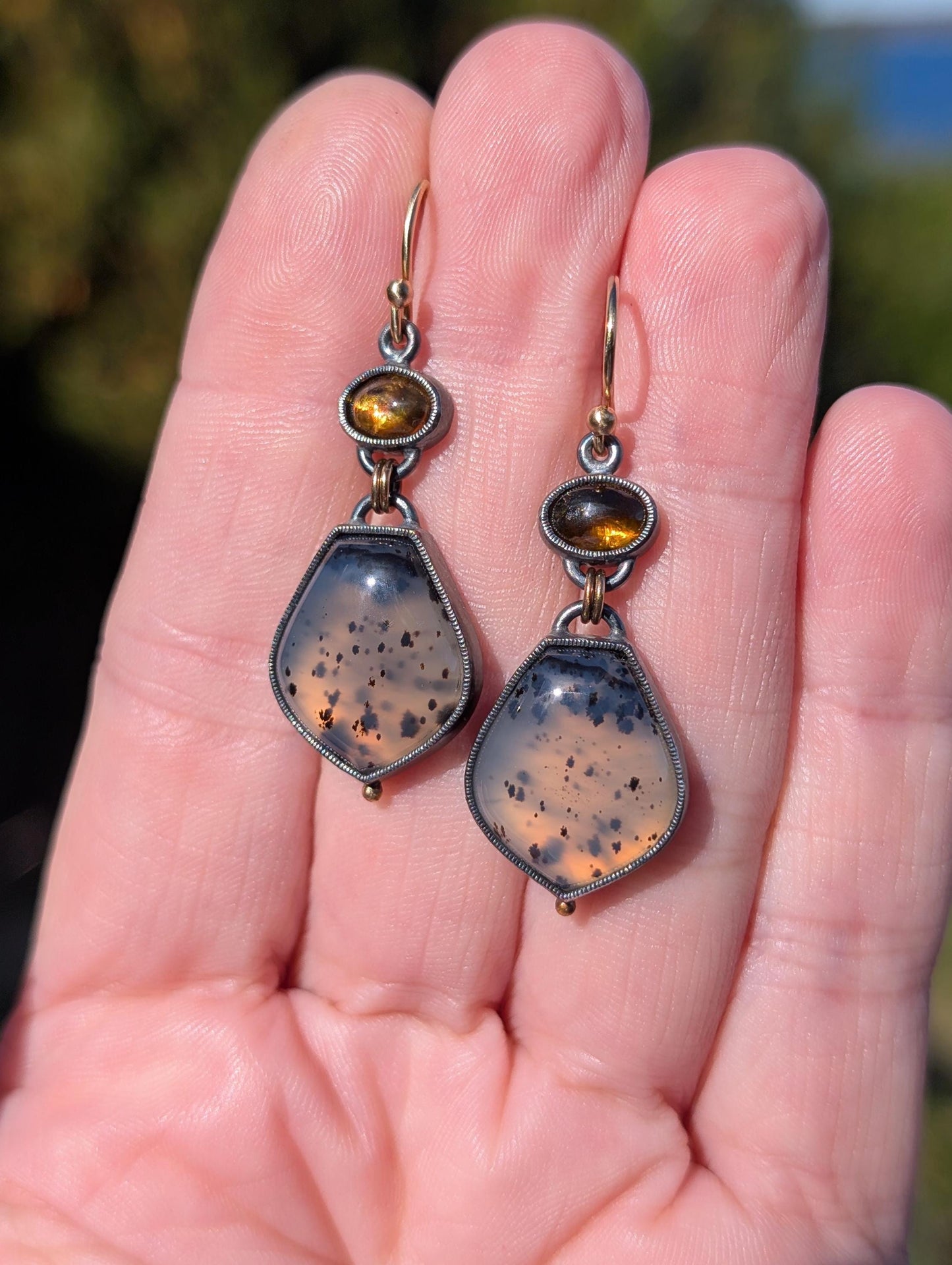 Montana Agate Earrings, Tourmaline Earrings, Sterling SIlver, 18K Gold