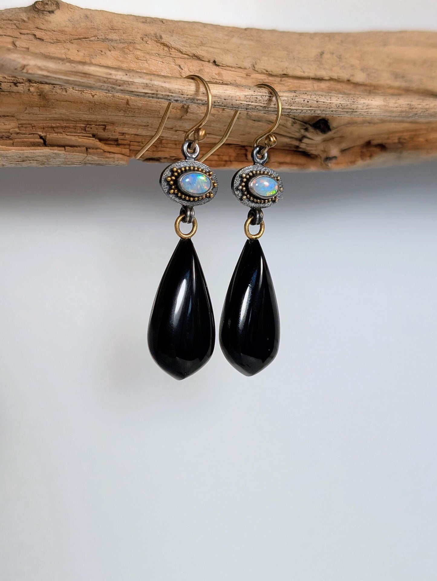 Wyoming Edwards Black Jade and Australian Opal Earrings, Sterling Silver, 18K Gold