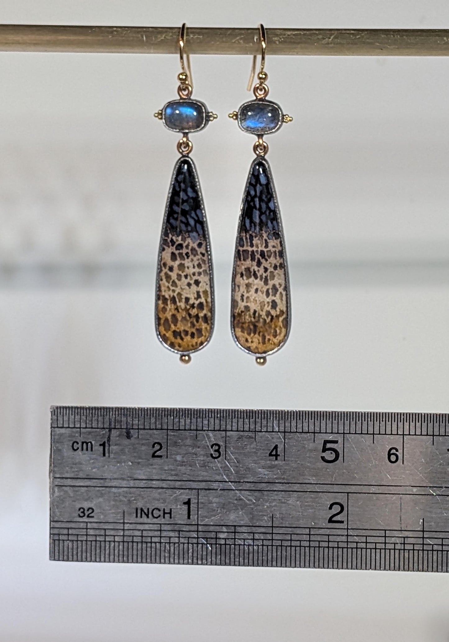 Tricolor Petrified Palmwood Earrings, Blue Labradorite Earrings, Sterling Silver, 22k Gold Granulation, 14k Gold Accents