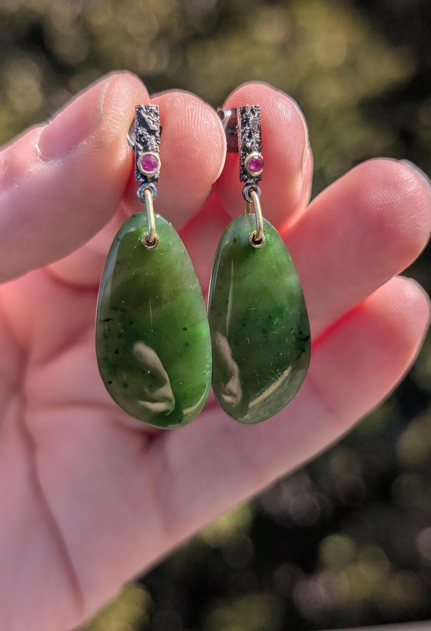 Mount Cassiar BC Chrome Green Jade Earrings, Mogok Ruby Earrings, Sterling Silver, 18K Gold