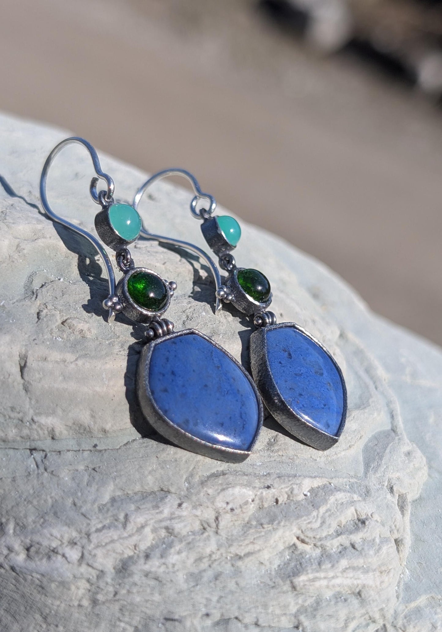 Blue Dumortierite Earrings, Chrome Diopside Earrings, Chrysoprase Earrings, Sterling Silver