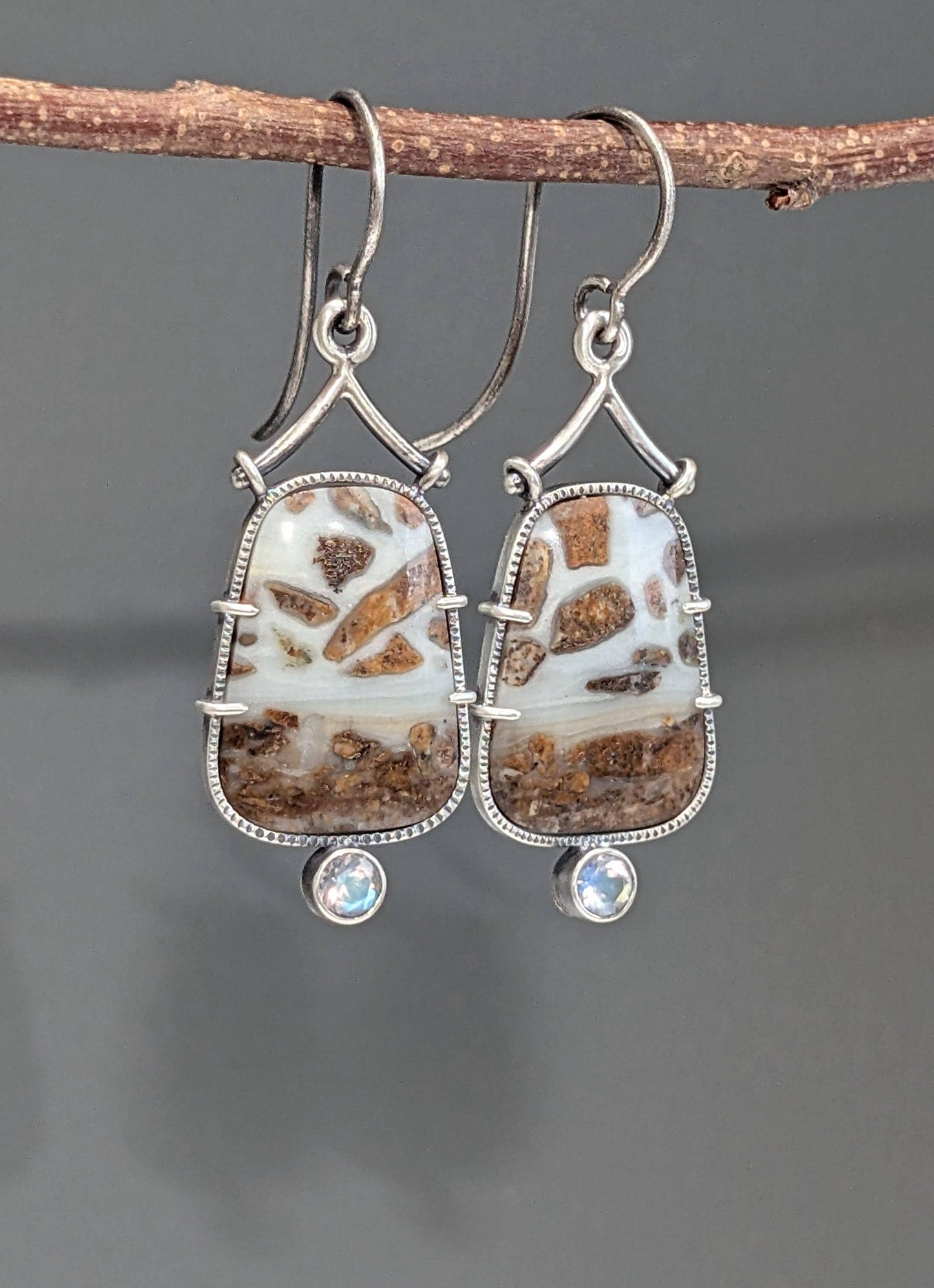 BC Ocean Picturestone and Rainbow Moonstone Earrings, Sterling Silver