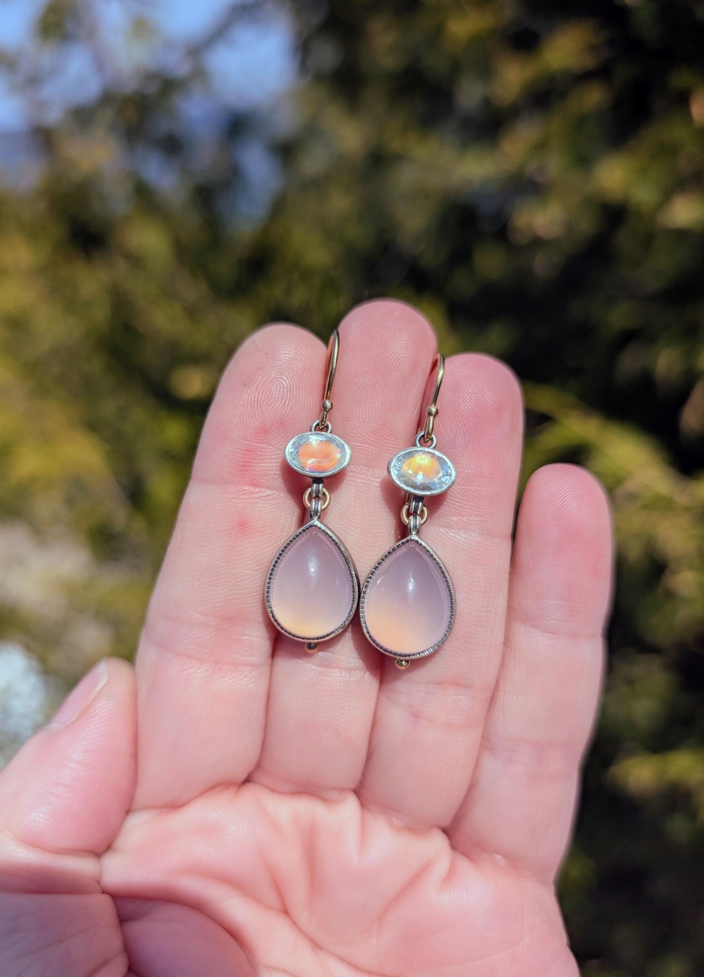 Rose Quartz and Madagascar Moonstone Earrings, Sterling Silver, 14K Gold