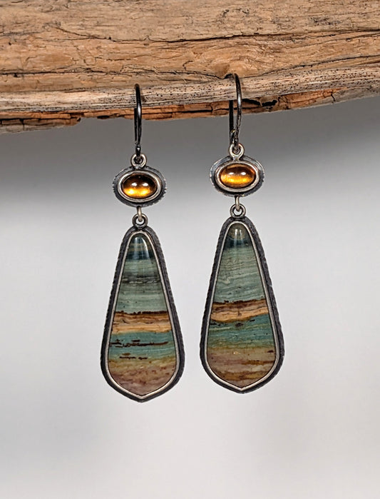Gary Green Jasper Earrings, Cognac Zircon Earrings, Sterling Silver