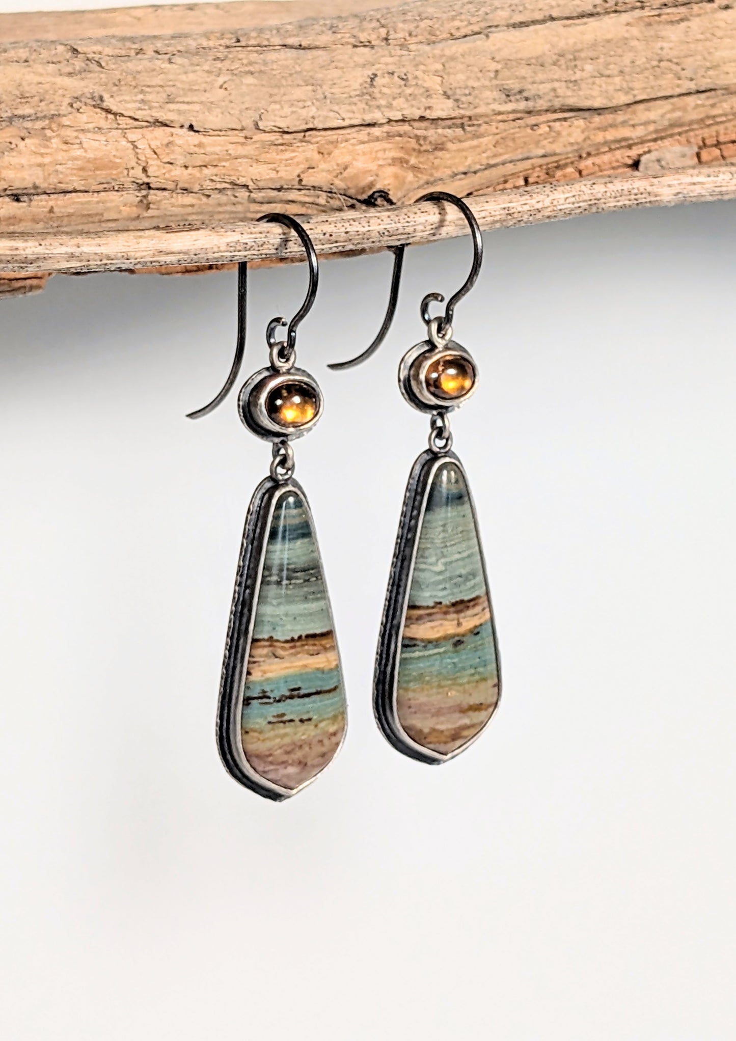 Gary Green Jasper Earrings, Cognac Zircon Earrings, Sterling Silver