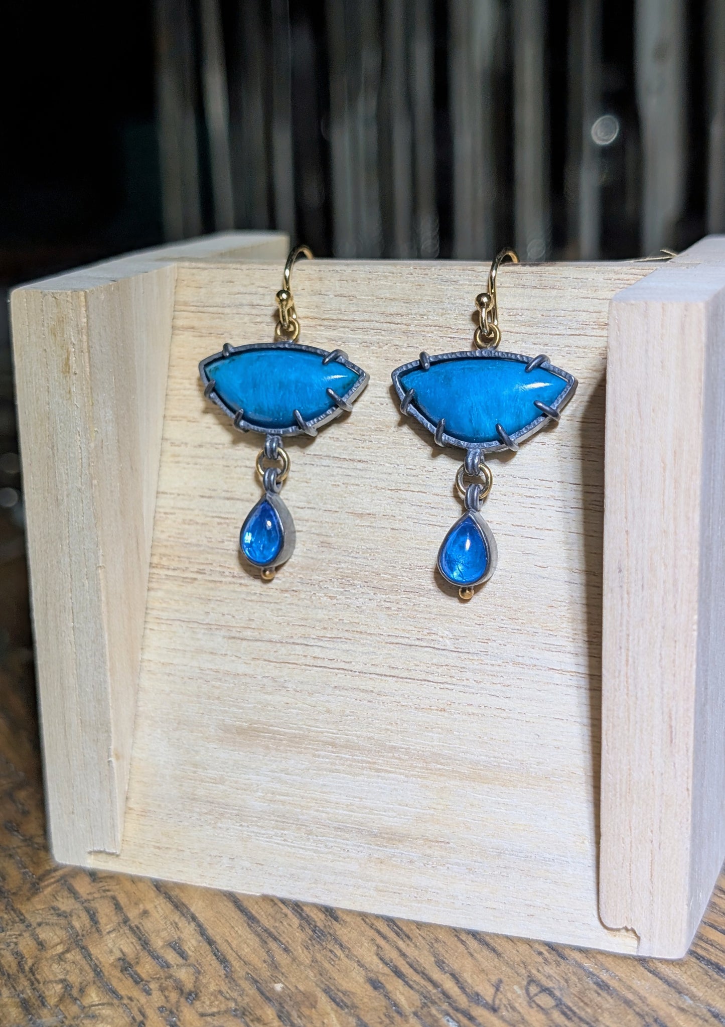 Ray Mine Sagenite Silicated Chrysocolla and Apatite Earrings, Sterling Silver, 18K Gold Accents
