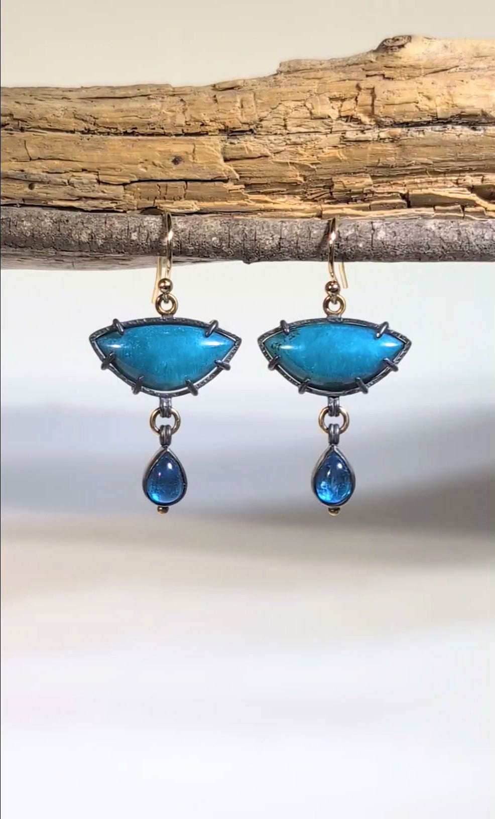 Ray Mine Sagenite Silicated Chrysocolla and Apatite Earrings, Sterling Silver, 18K Gold Accents