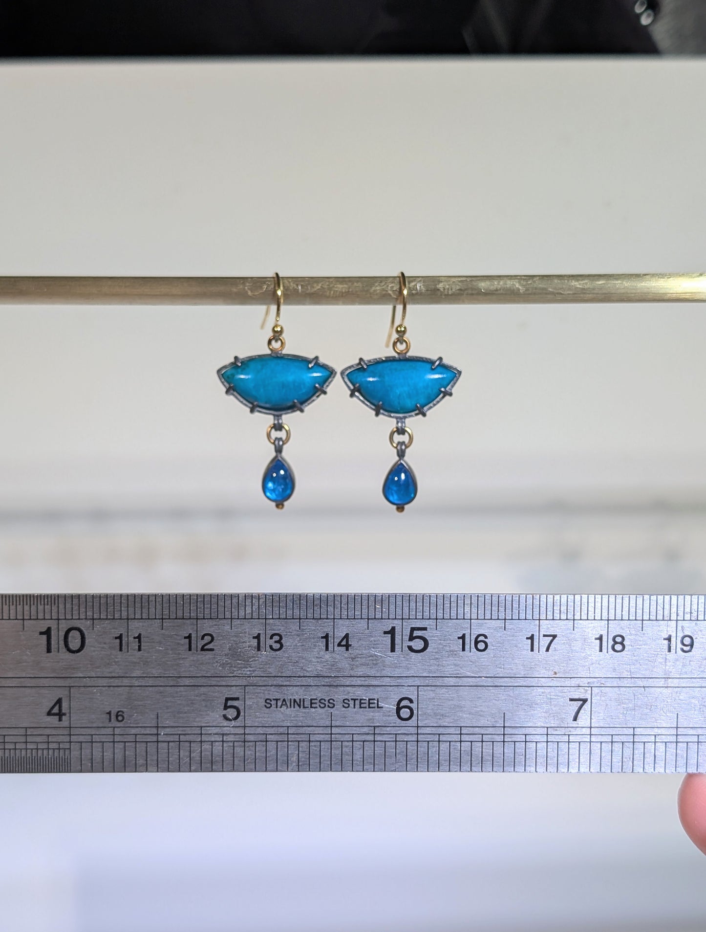 Ray Mine Sagenite Silicated Chrysocolla and Apatite Earrings, Sterling Silver, 18K Gold Accents