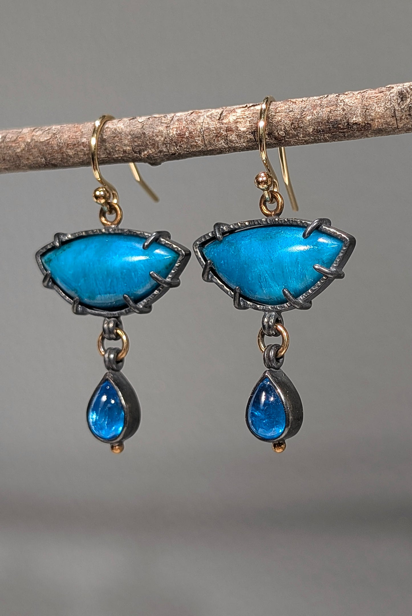 Ray Mine Sagenite Silicated Chrysocolla and Apatite Earrings, Sterling Silver, 18K Gold Accents