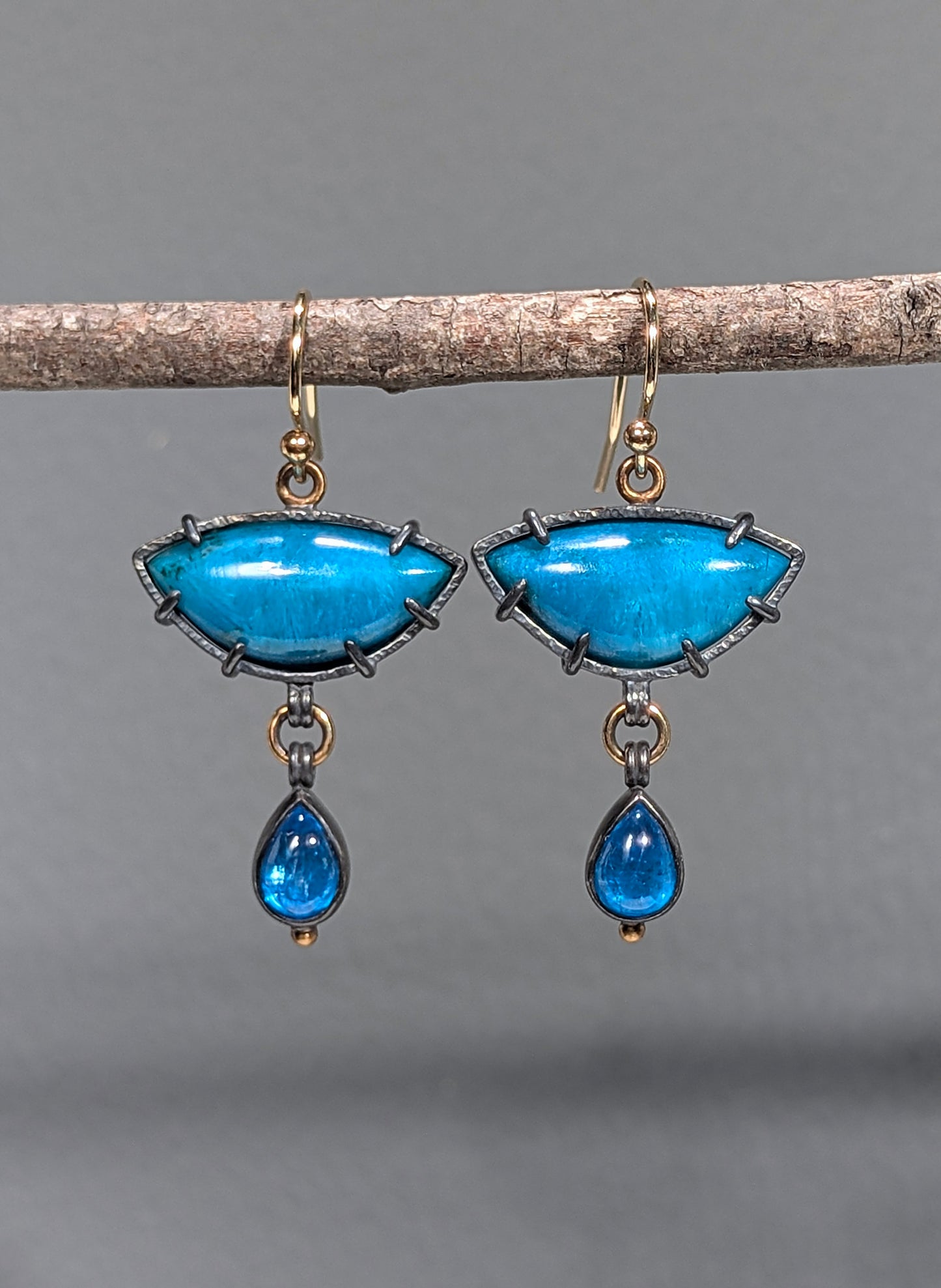 Ray Mine Sagenite Silicated Chrysocolla and Apatite Earrings, Sterling Silver, 18K Gold Accents
