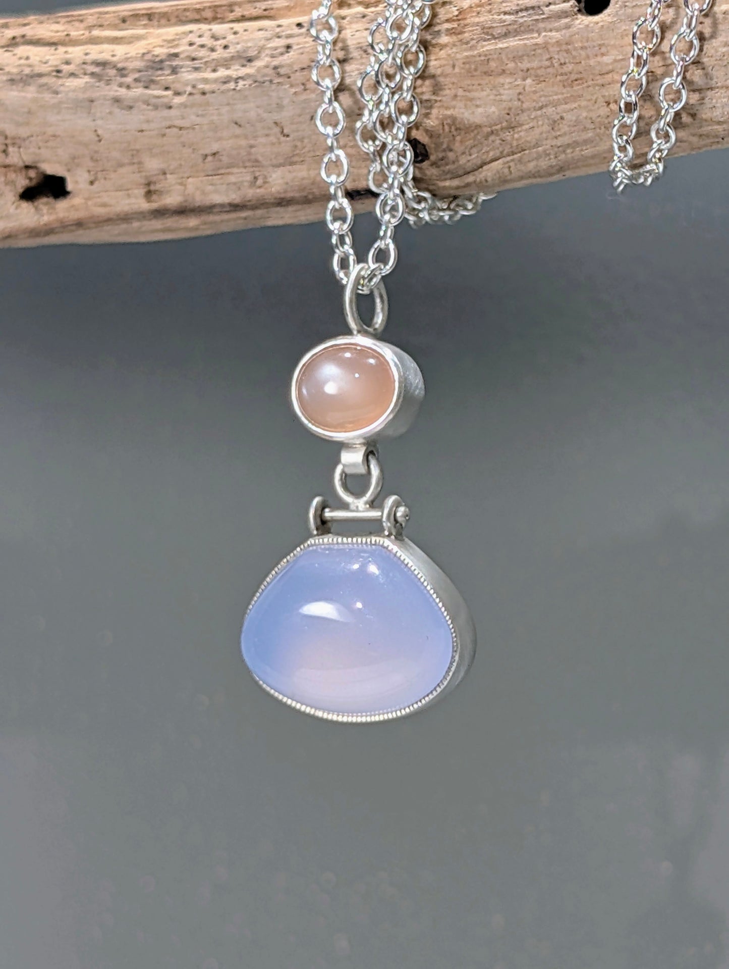 Blue Chalcedony and Peach Moonstone Pendant, Sterling Silver