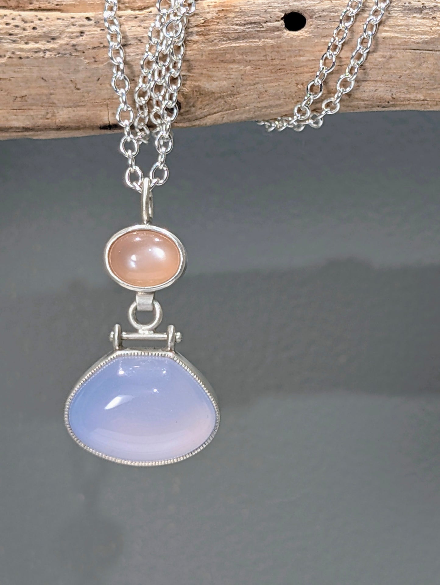 Blue Chalcedony and Peach Moonstone Pendant, Sterling Silver