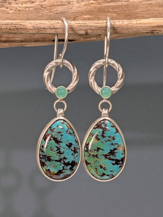 Kingman Turquoise and Chrysoprase Earrings, Sterling Silver