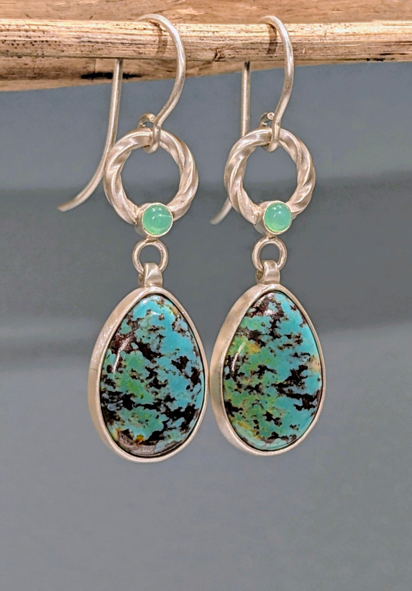 Kingman Turquoise and Chrysoprase Earrings, Sterling Silver