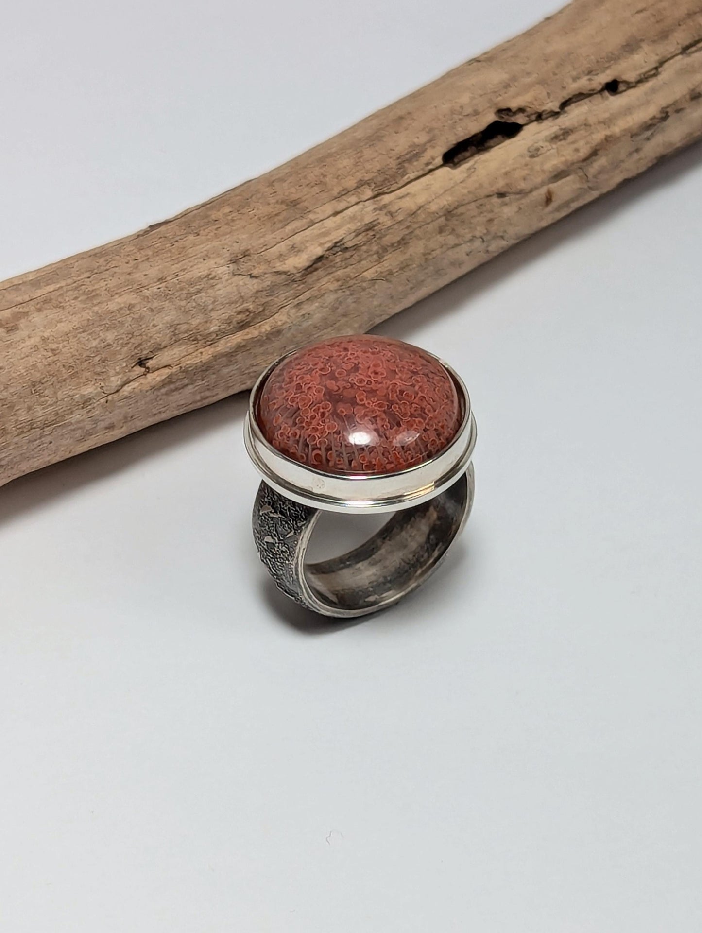 Utah Red Horn Fossil Coral Ring, Sterling Silver