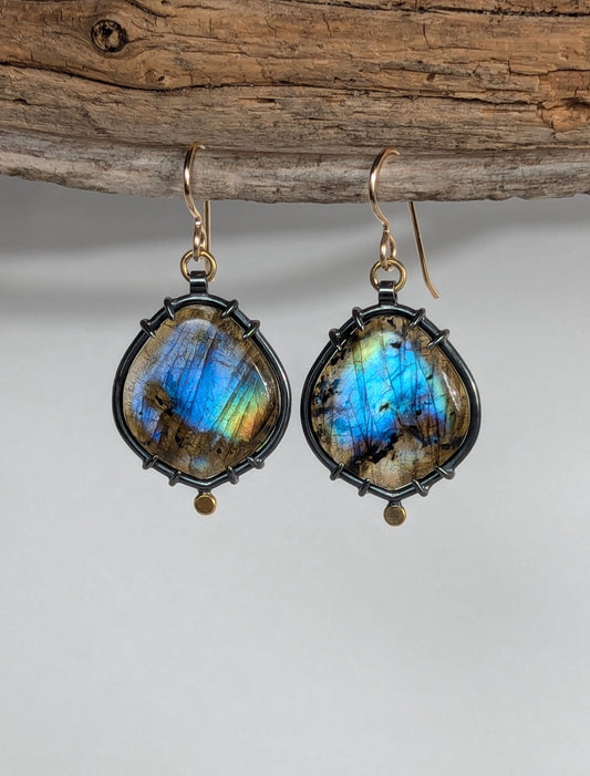 Labradorite Earrings, Sterling Silver, 18K Gold