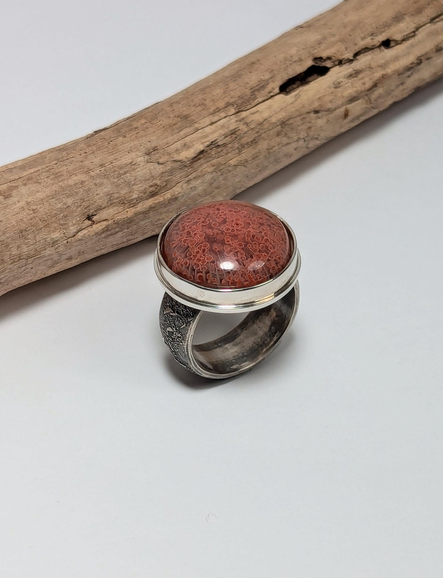 Utah Red Horn Fossil Coral Ring, Sterling Silver