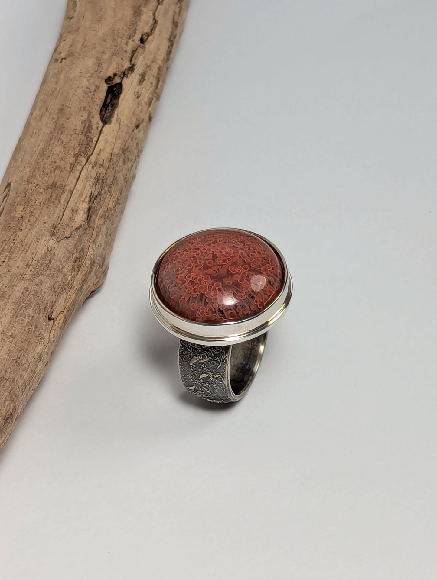 Utah Red Horn Fossil Coral Ring, Sterling Silver