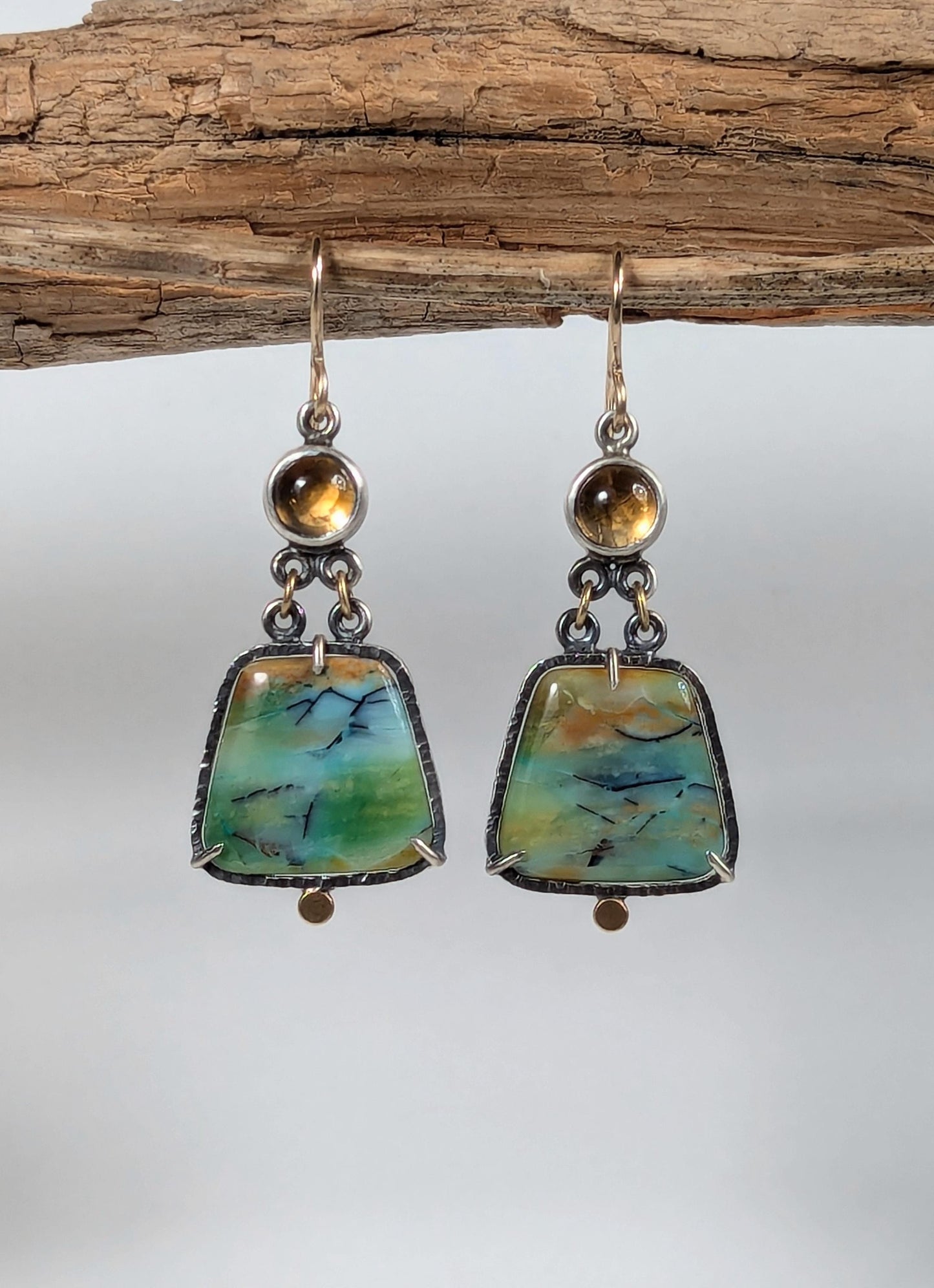 Opalized Wood Earrings, Citrine Earrings, Sterling Silver 18K Gold