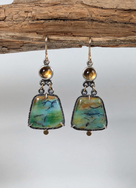 Opalized Wood Earrings, Citrine Earrings, Sterling Silver 18K Gold