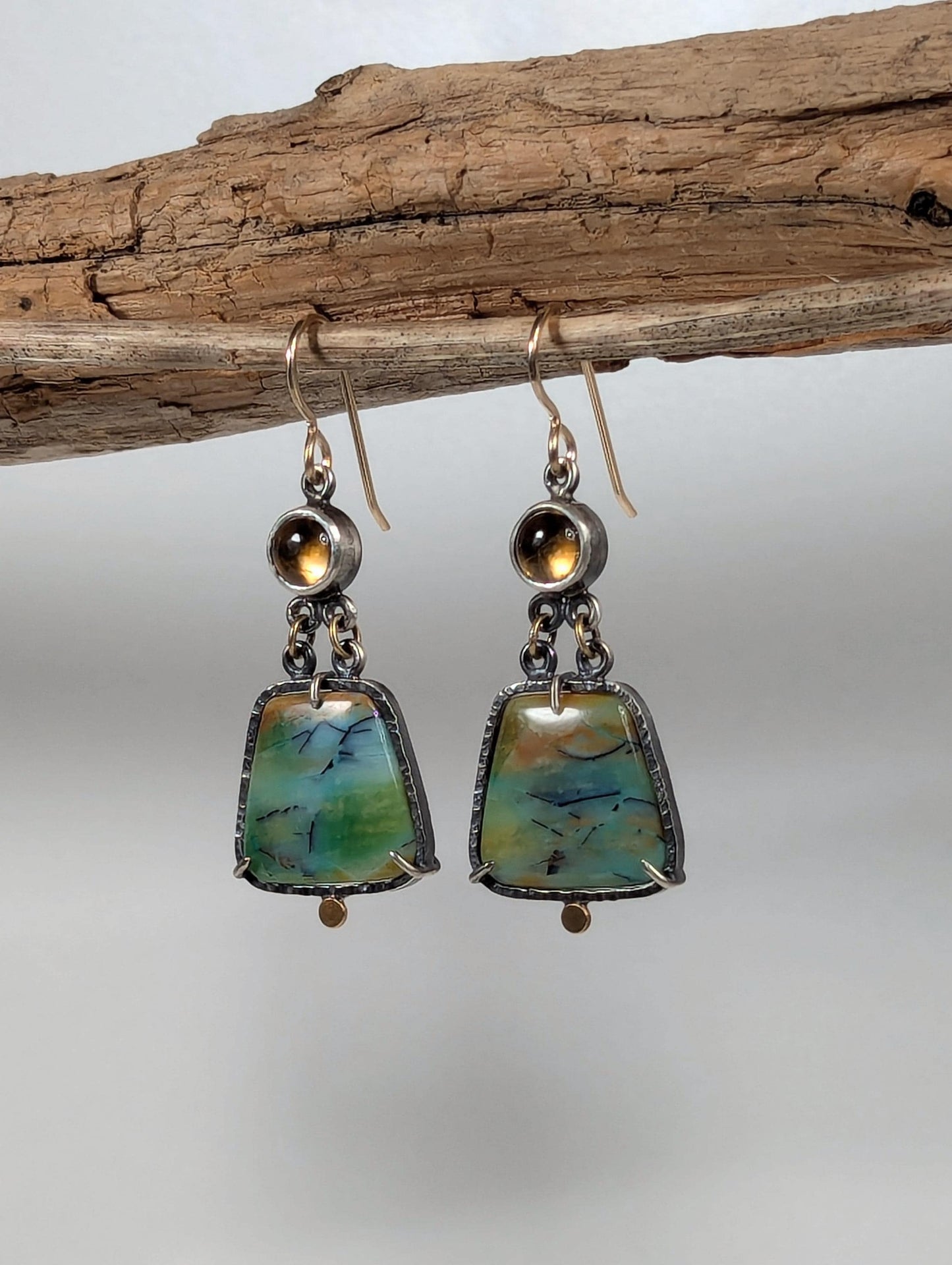 Opalized Wood Earrings, Citrine Earrings, Sterling Silver 18K Gold