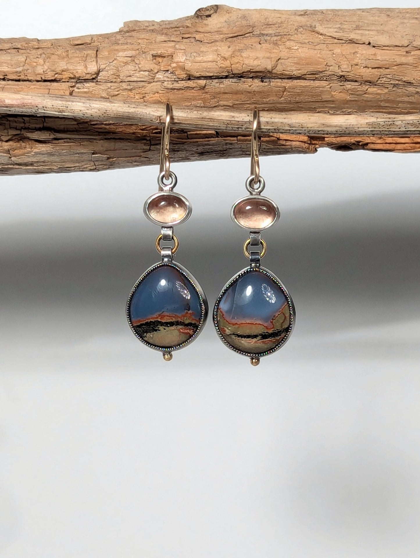 Blue Oregon Opal and Schiller Oregon Sunstone Earrings, Sterling Silver 18K Gold