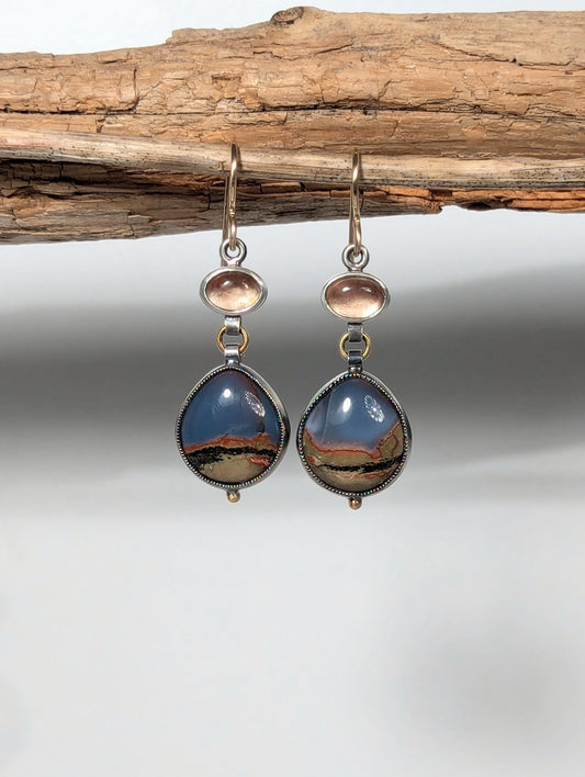 Blue Oregon Opal and Schiller Oregon Sunstone Earrings, Sterling Silver 18K Gold