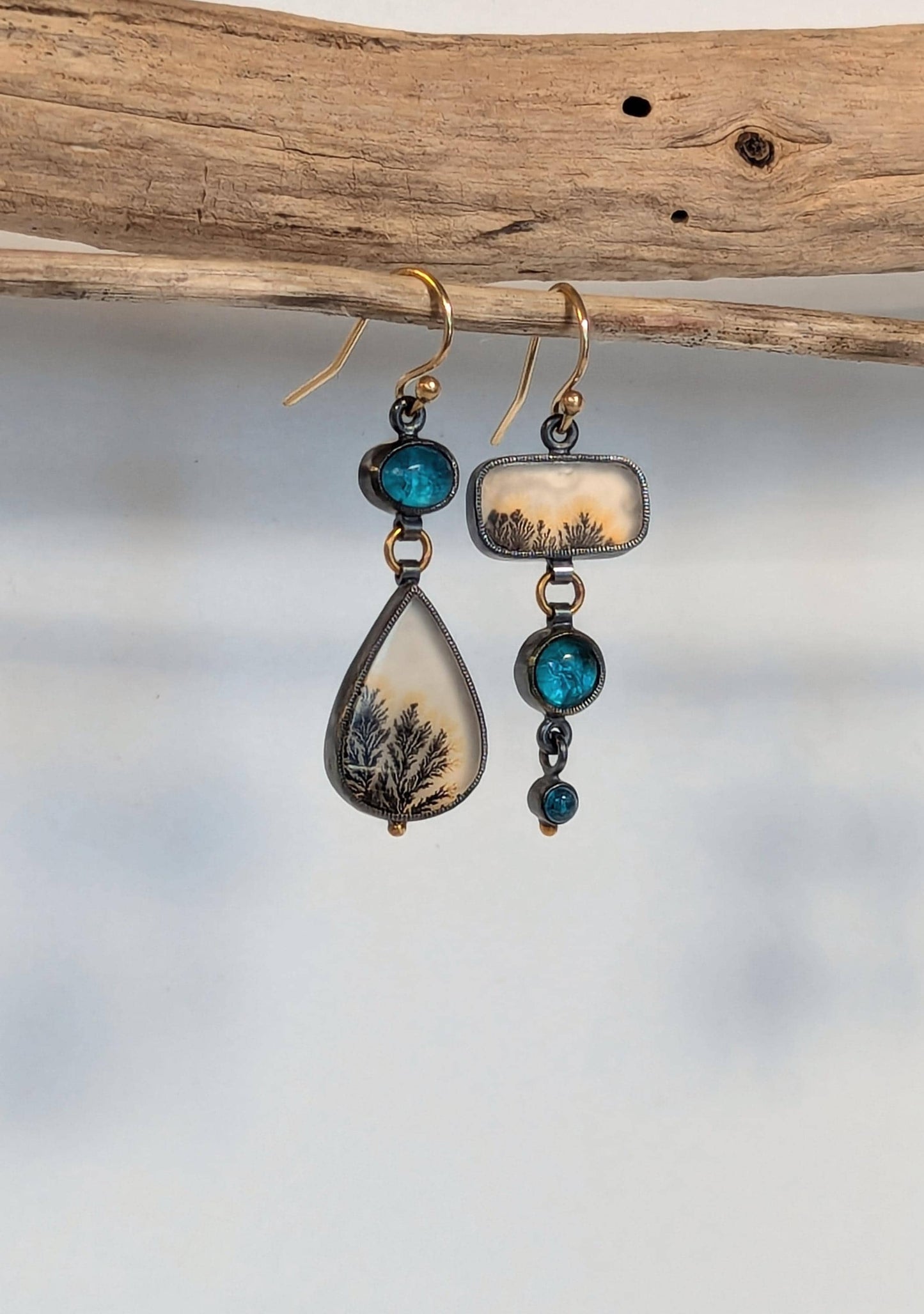 Dendritic Agate Earrings, Apatite Earrings, Sterling Silver, 18K Gold