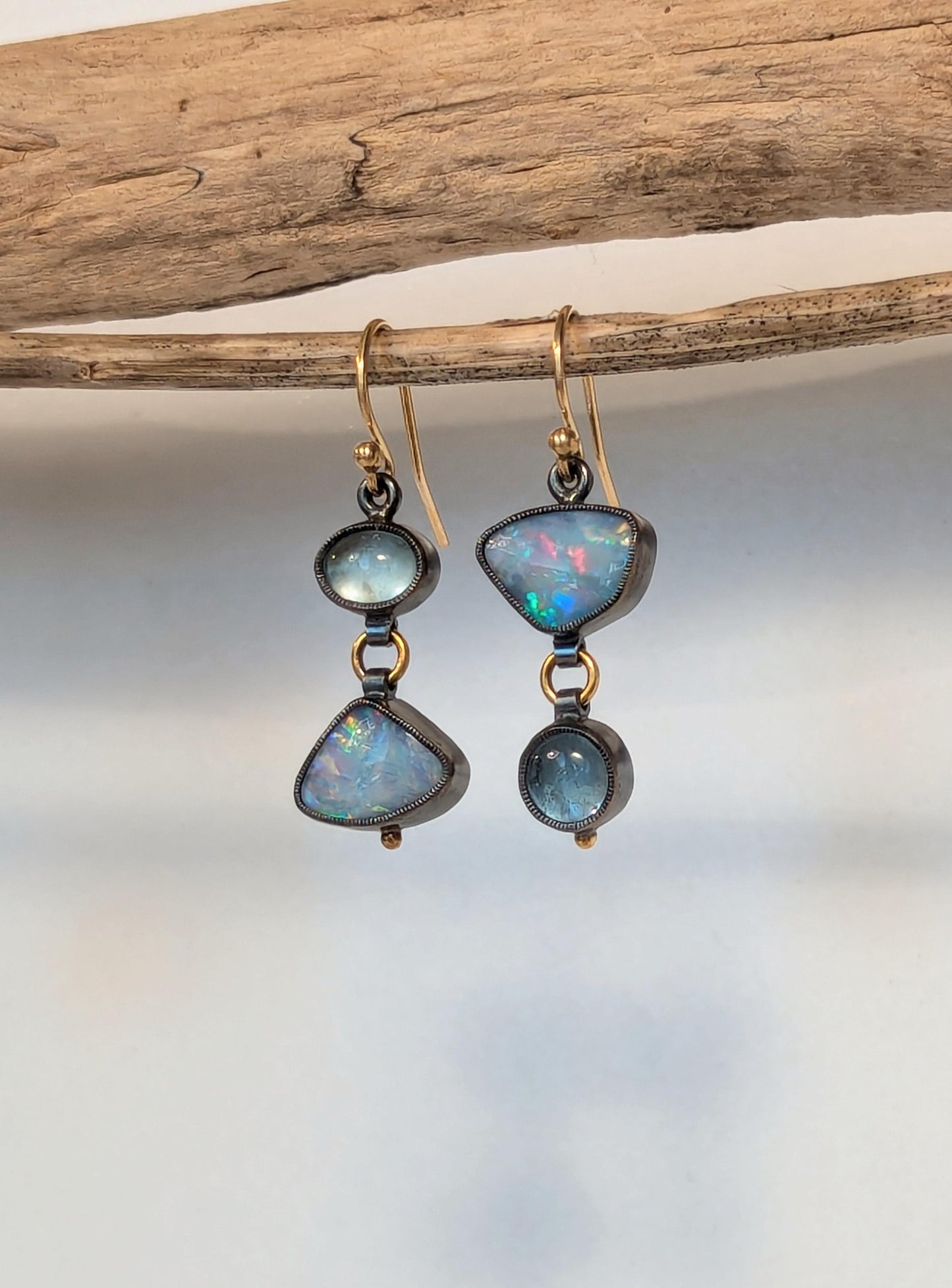 Australian Opal Earrings, Aquamarine Earrings, Sterling Silver 18K Gold