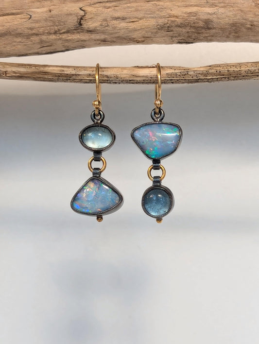 Australian Opal Earrings, Aquamarine Earrings, Sterling Silver 18K Gold