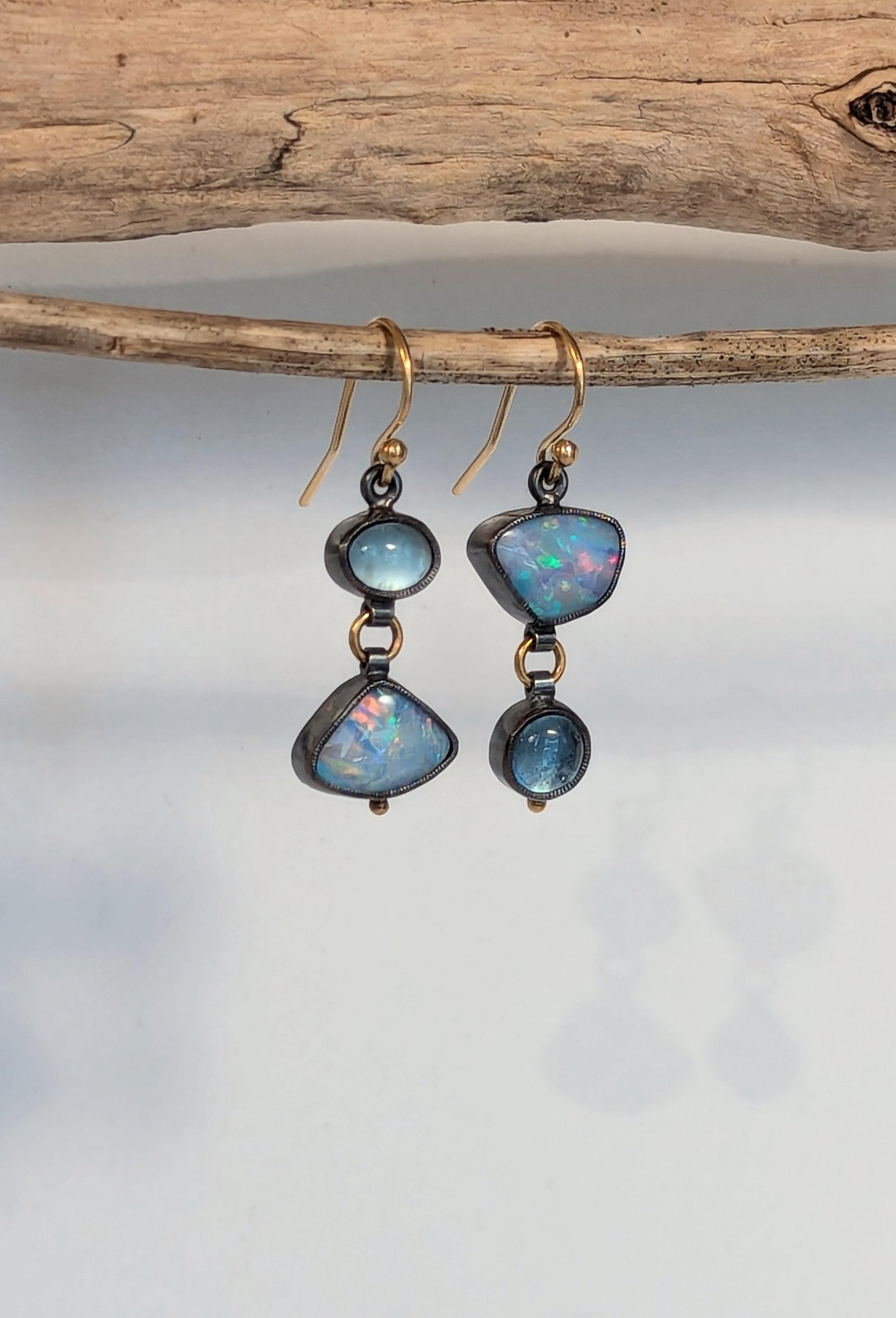 Australian Opal Earrings, Aquamarine Earrings, Sterling Silver 18K Gold