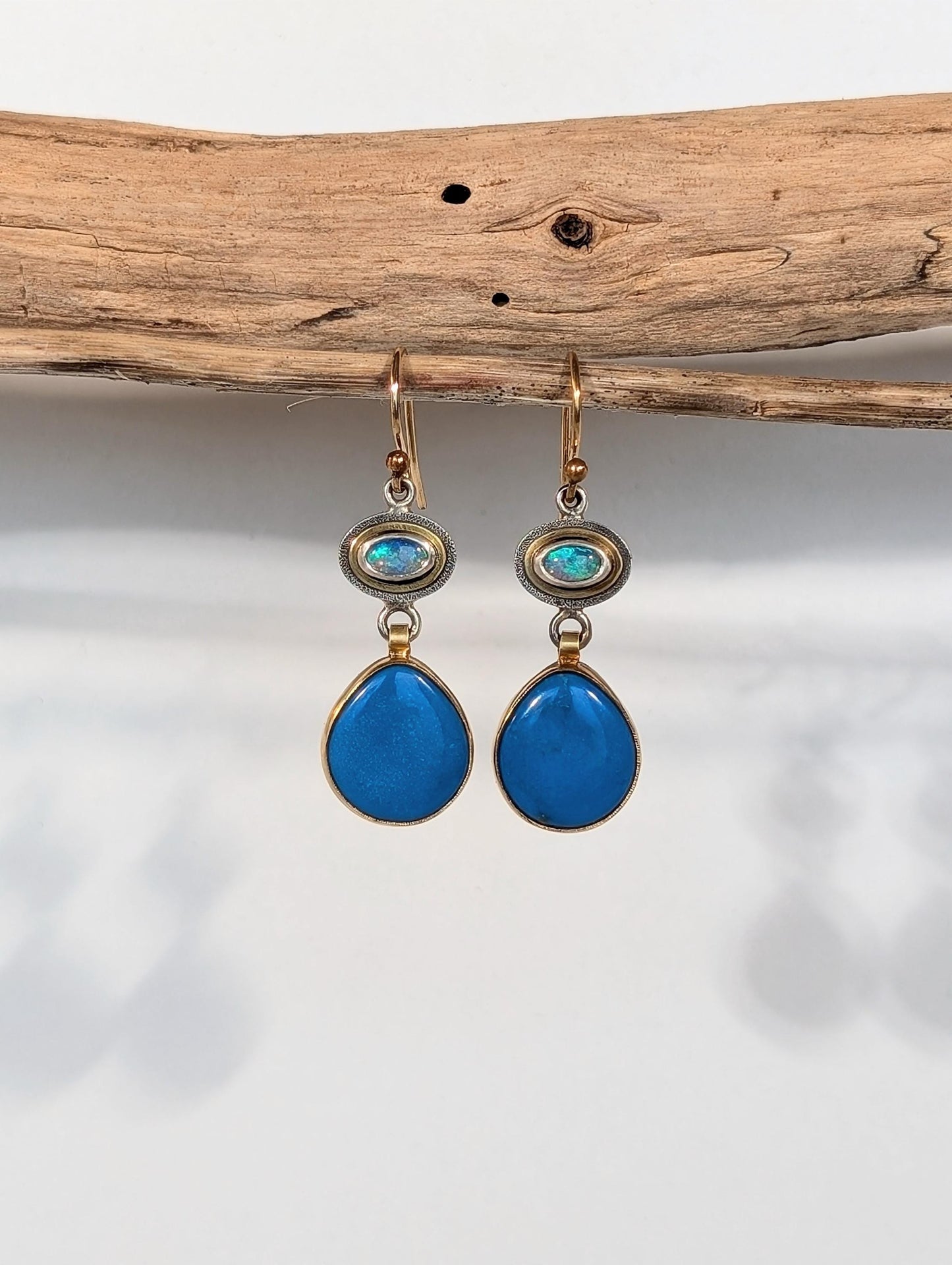 Ceruleite Earrings, Australian Opal Earrings, Sterling Silver, 18K Gold