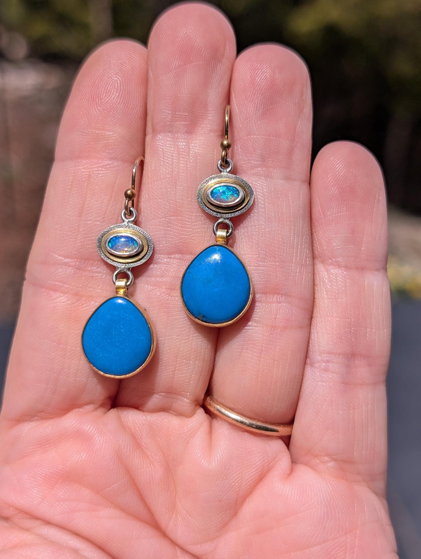 Ceruleite Earrings, Australian Opal Earrings, Sterling Silver, 18K Gold