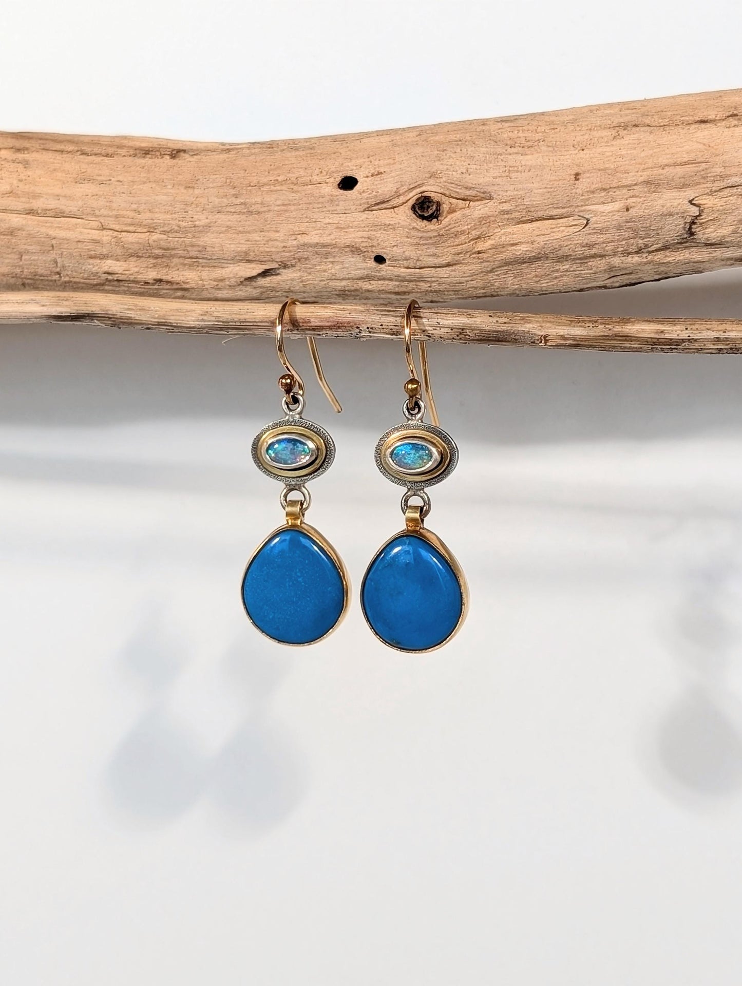 Ceruleite Earrings, Australian Opal Earrings, Sterling Silver, 18K Gold