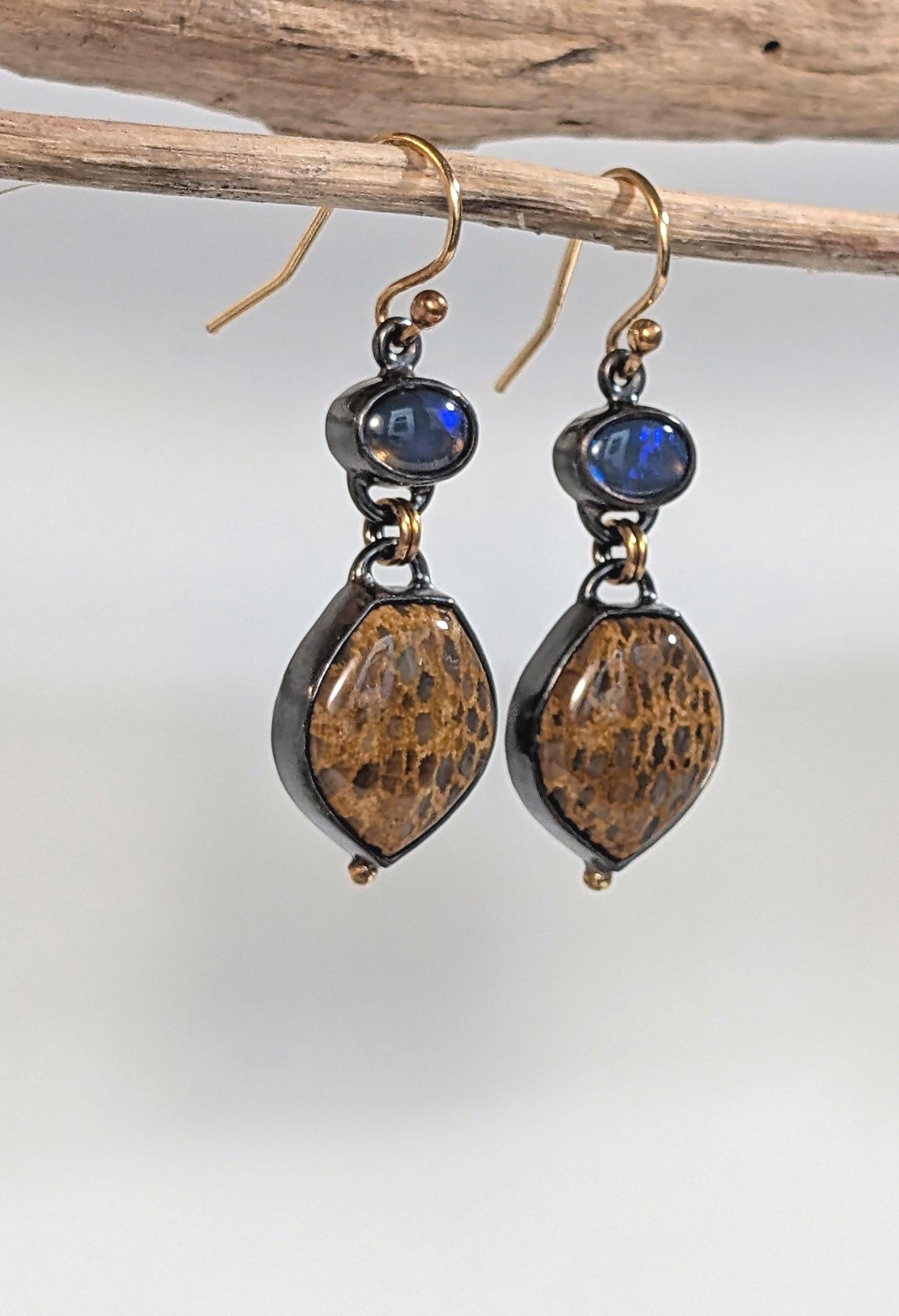 Petrified Palmwood Earrings, Crystal Opal Earrings Oxidized Sterling Silver 18K Gold