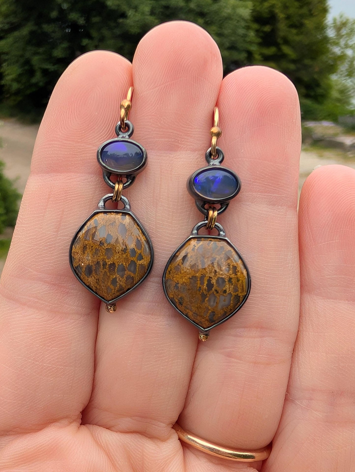 Petrified Palmwood Earrings, Crystal Opal Earrings Oxidized Sterling Silver 18K Gold